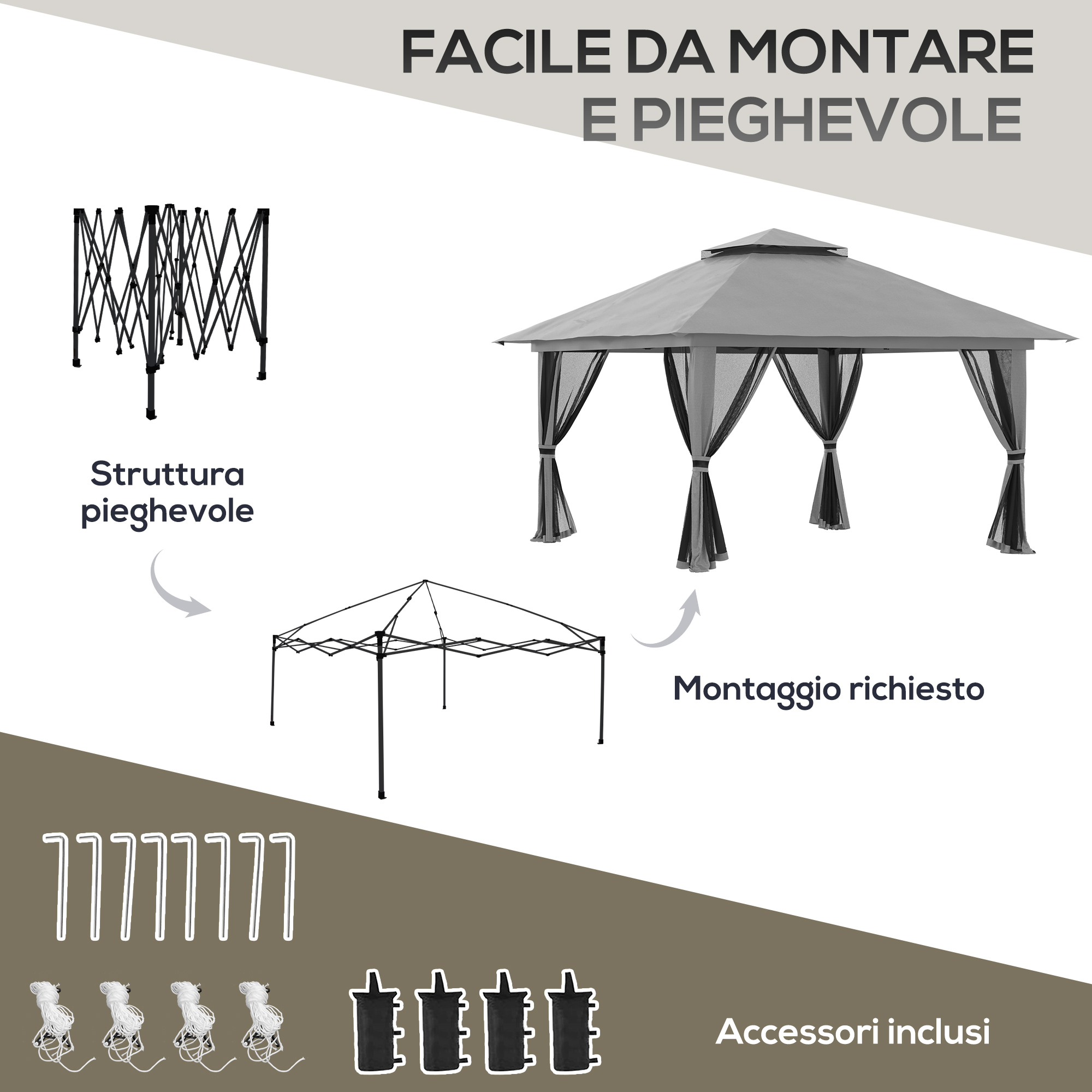 HOMASIS Gazebo Esterno Resistente a Doppio Tetto, Gazebo con Zanzariera e Tende, Padiglione da Giardino con Struttura in Metallo, Pergolato per