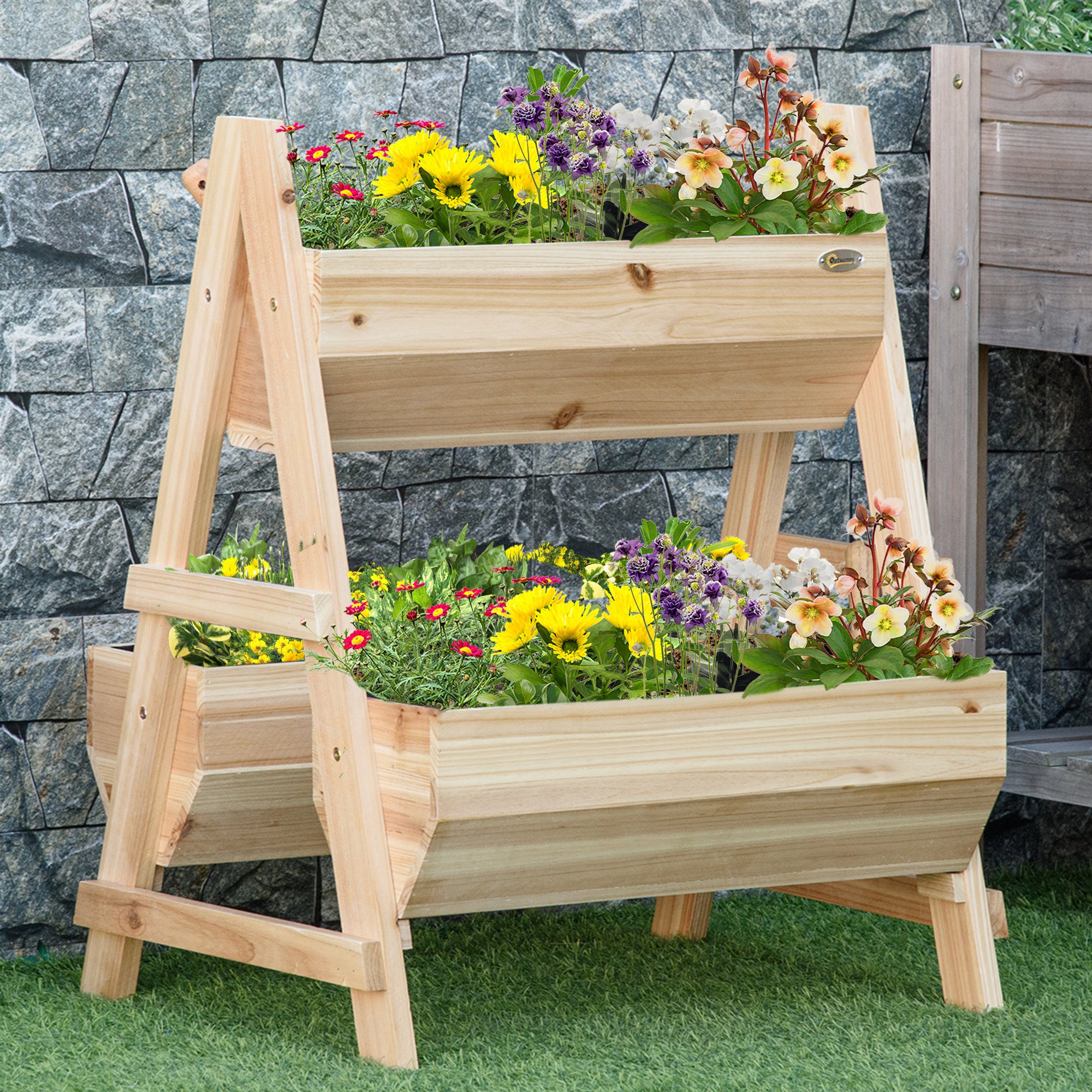 Outsunny 68cm x 57.5cm x 80.5cm 51L Wood Raised Garden Bed, Outdoor Planter Box with Stand, Nonwoven Fabric for Vegetables, Herbs, Flowers, Natural 2