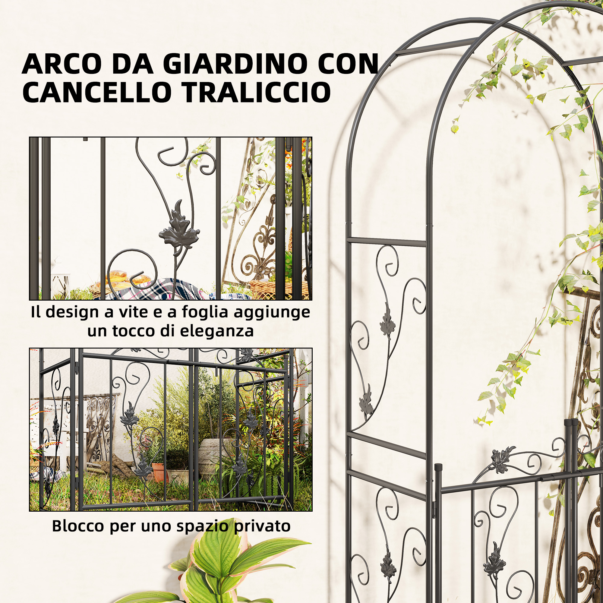 UNHO Traliccio Ad Arco Per Giardino 222cm: Supporto Per Piante Rampicanti Con Rete, In Metallo Nero