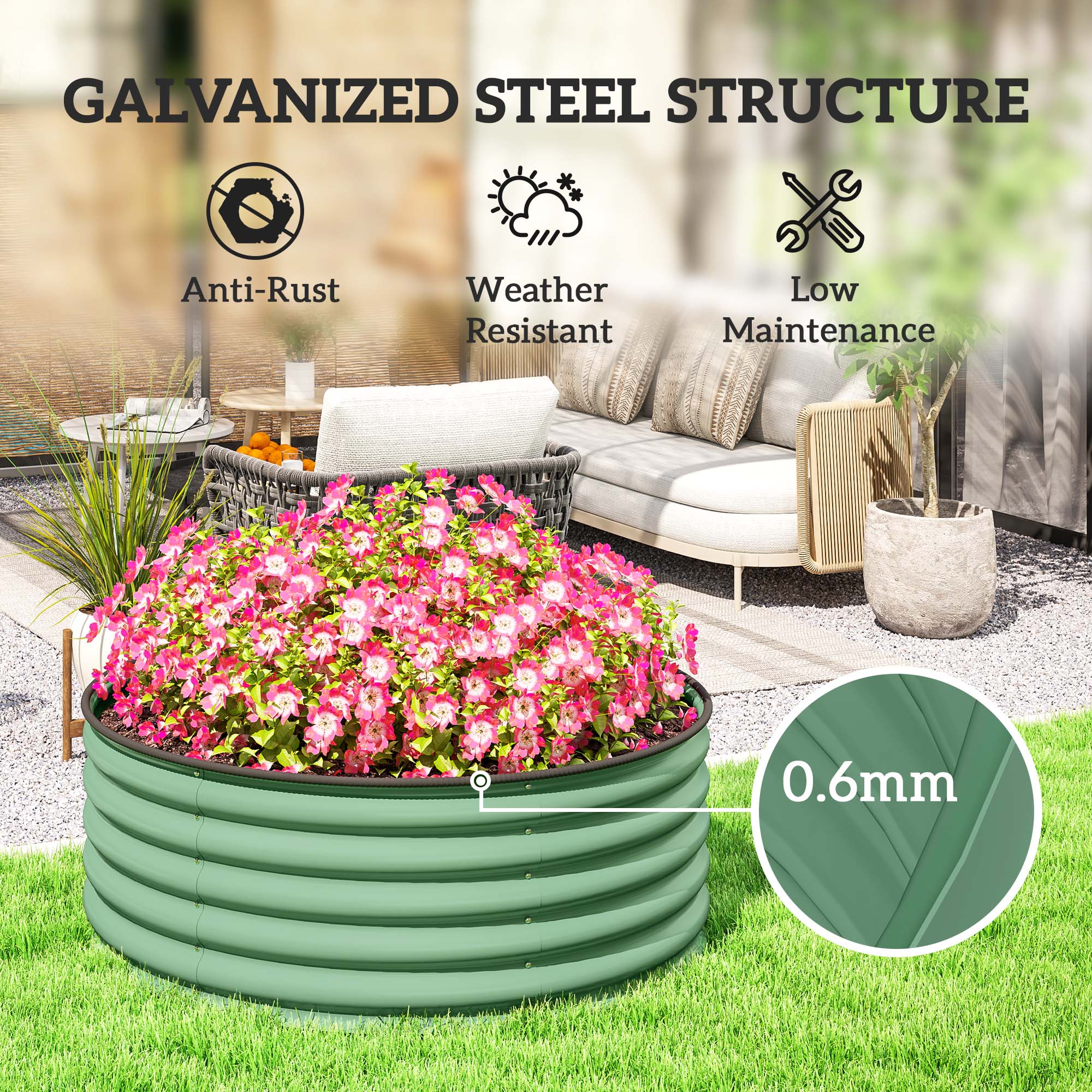 Outsunny Galvanised Raised Garden Bed with Safety Edging, Outdoor Raised Planter Box with Gloves, 120 x 120 x 43cm, Light Green 5