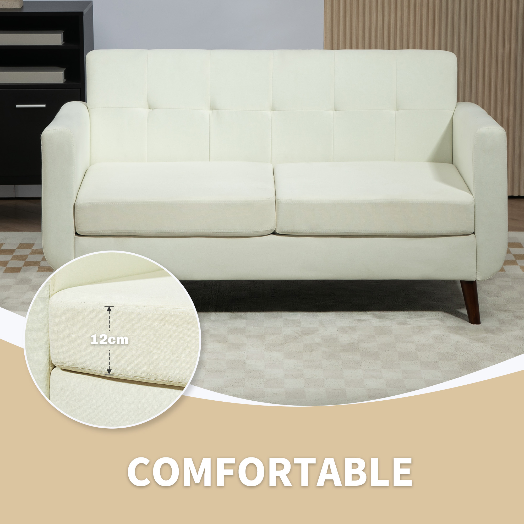 HOMCOM Two-Seater Linen-Look Sofa Cream 4