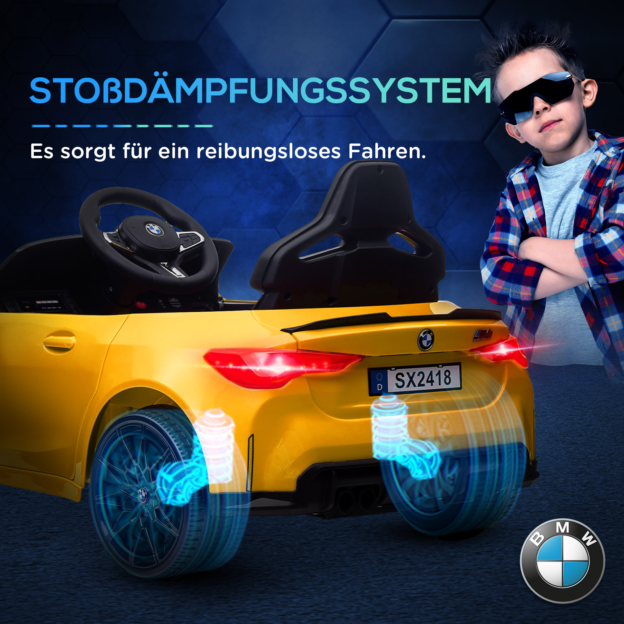Elektriline lasteauto BMW M4, heli ja valgus, 3-5 km/h, puldiga, 3-5 aastaks, kollane