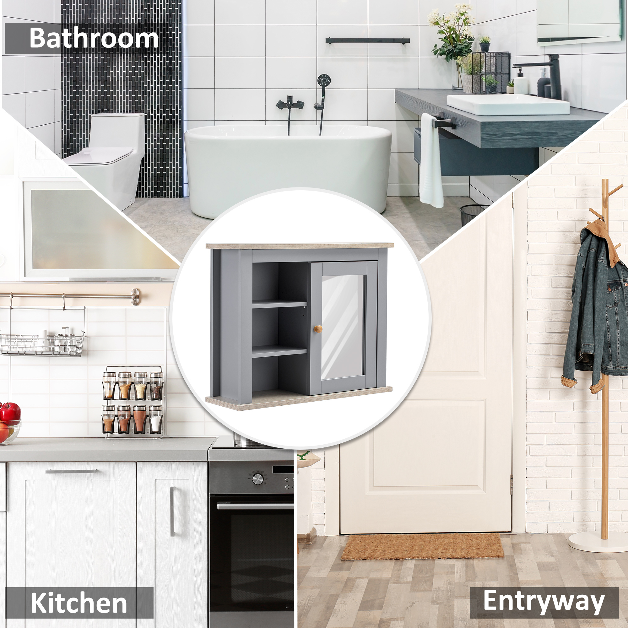 kleankin Bathroom Wall Mirror Cabinet, Cupboard with Door, Storage Cabinet with Adjustable Shelf for Corridors Living Rooms, Grey 8
