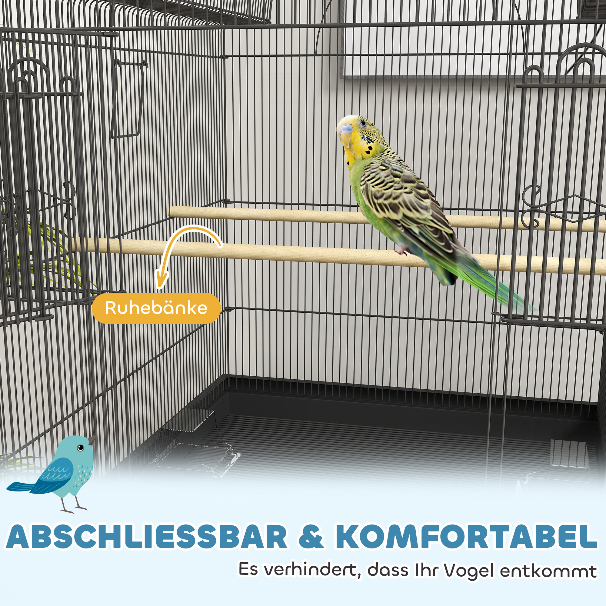 PawHut Vogelkäfig Mit Stand & Rädern - Großzügiger Käfig Für Sittiche & Kanarienvögel