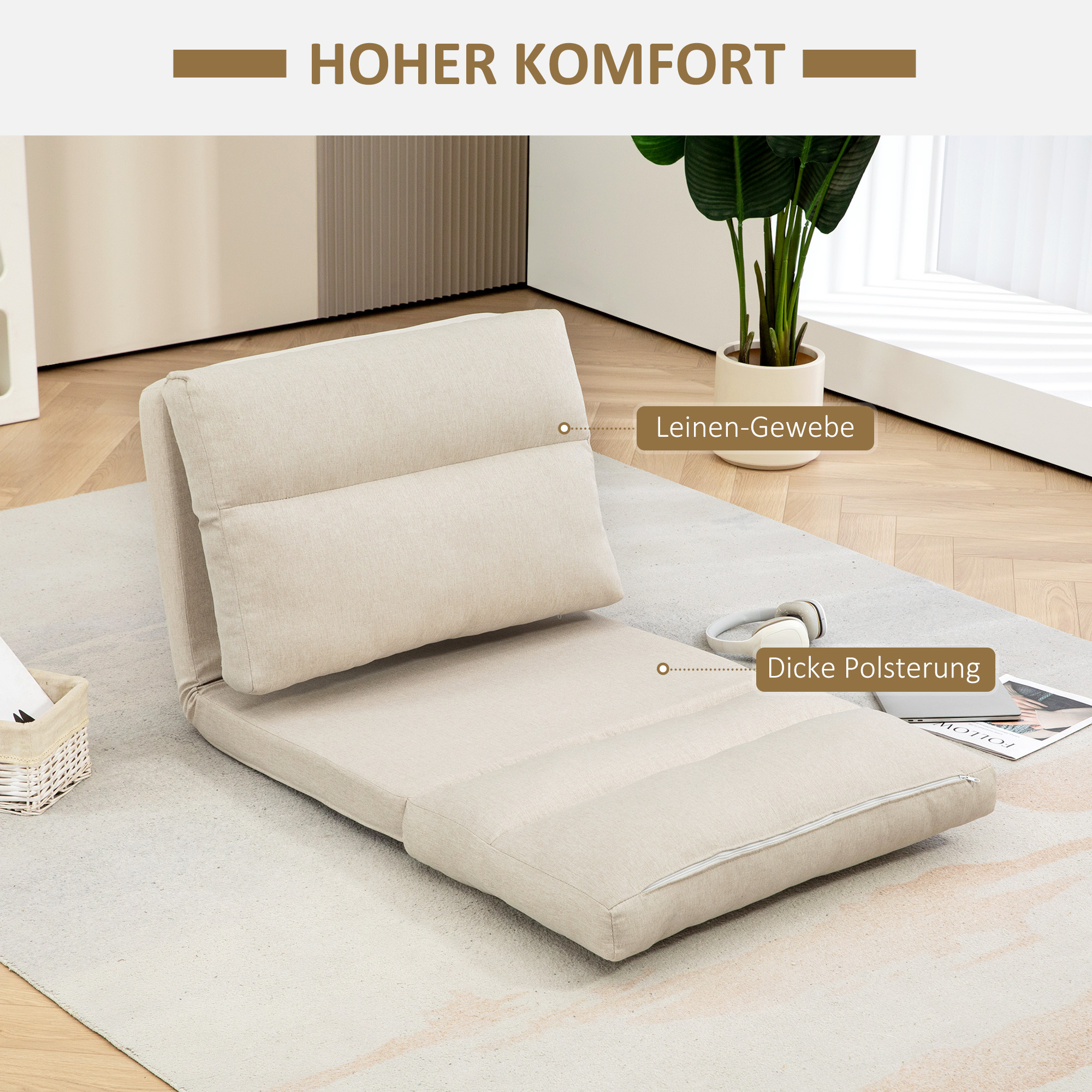 Voodifunktsiooniga kotttool, lamava seljatoega, kokkupandav, kuni 120 kg, 70 x 72 x 56 cm, beež