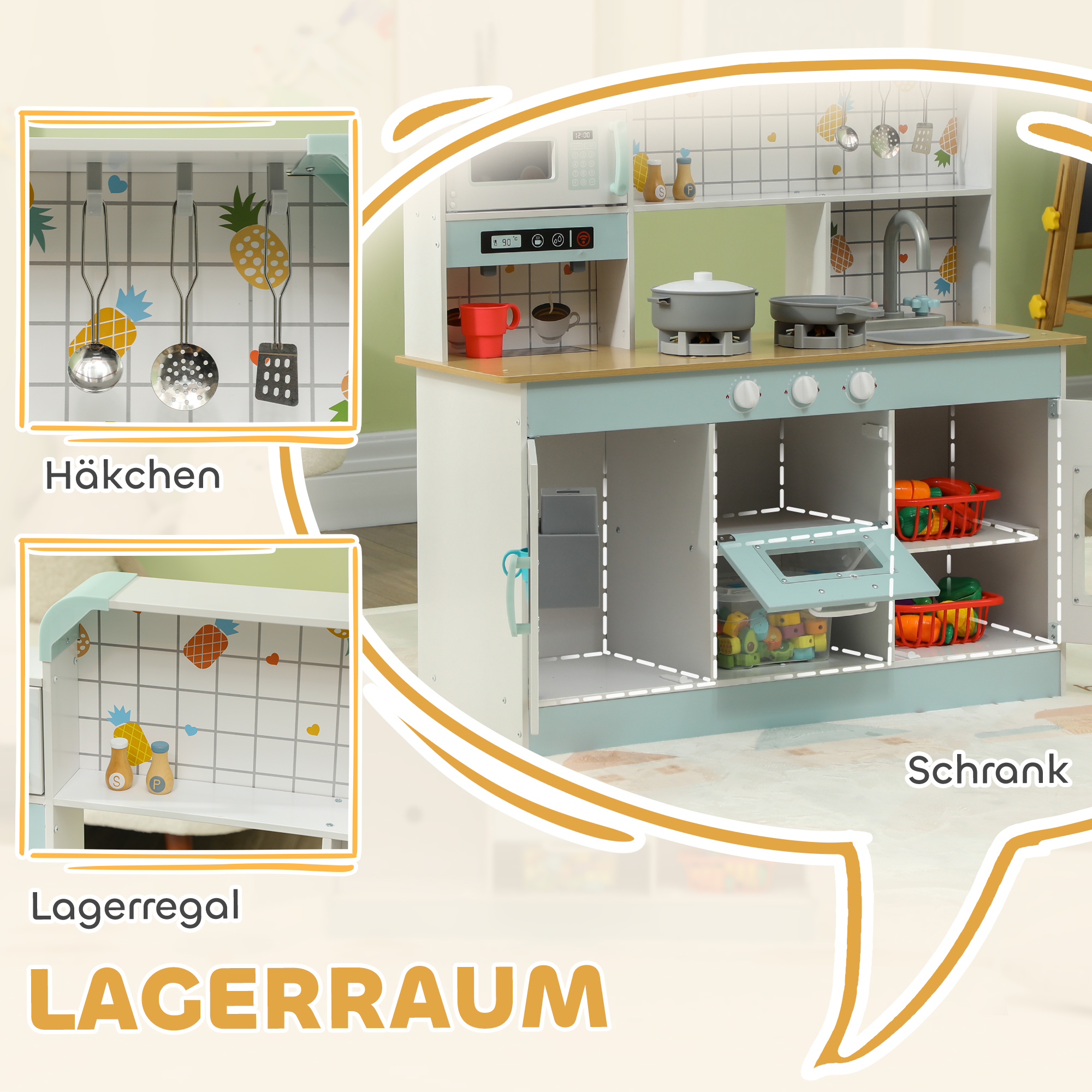 Mänguköögikomplekt, laste köök efektidega, kohvimasin, ahi, palju hoiuruumi, MDF, roostevaba teras, lastele alates 3. eluaastast