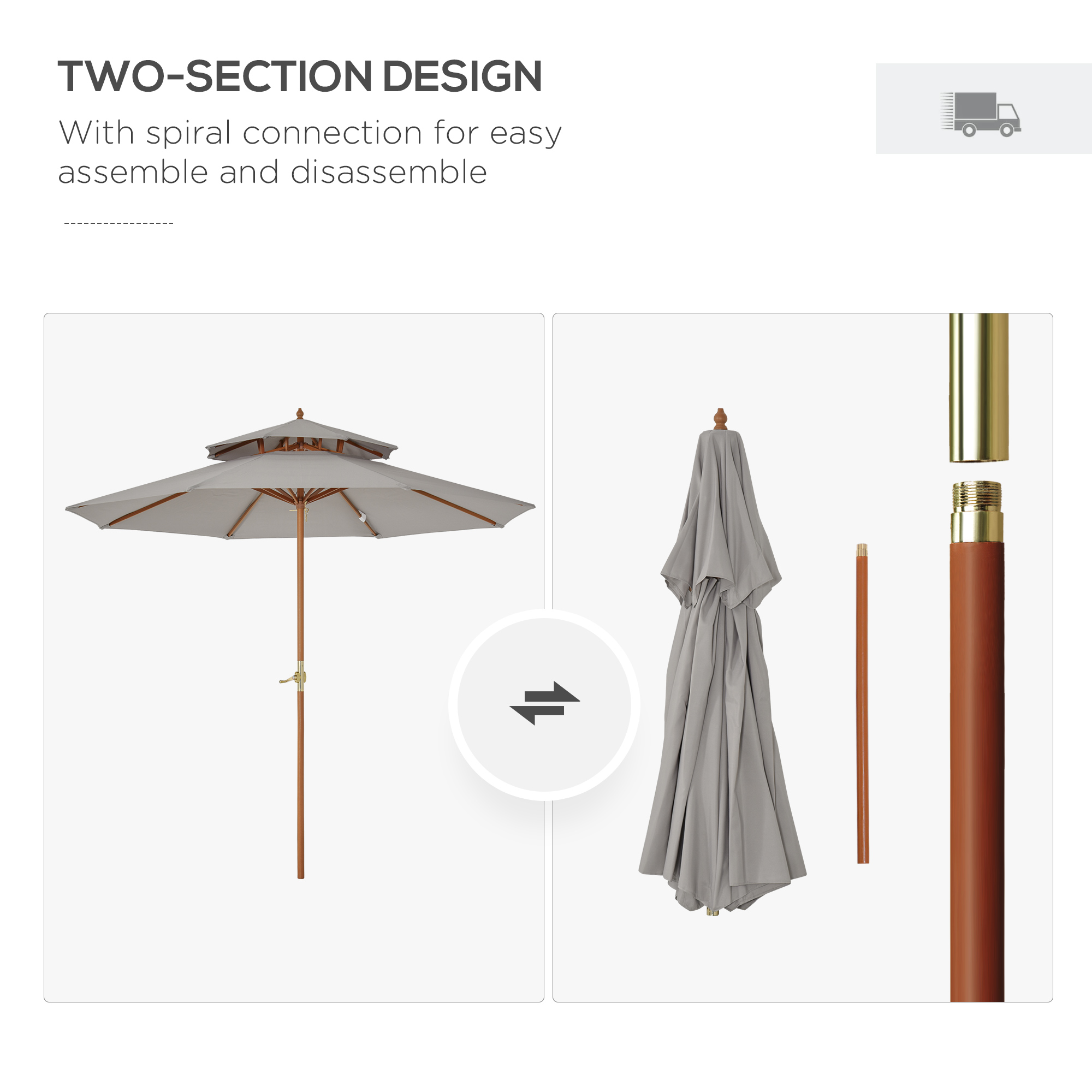 Outsunny 2.7m Elegant Wooden Frame Parasol Umbrella Grey 7
