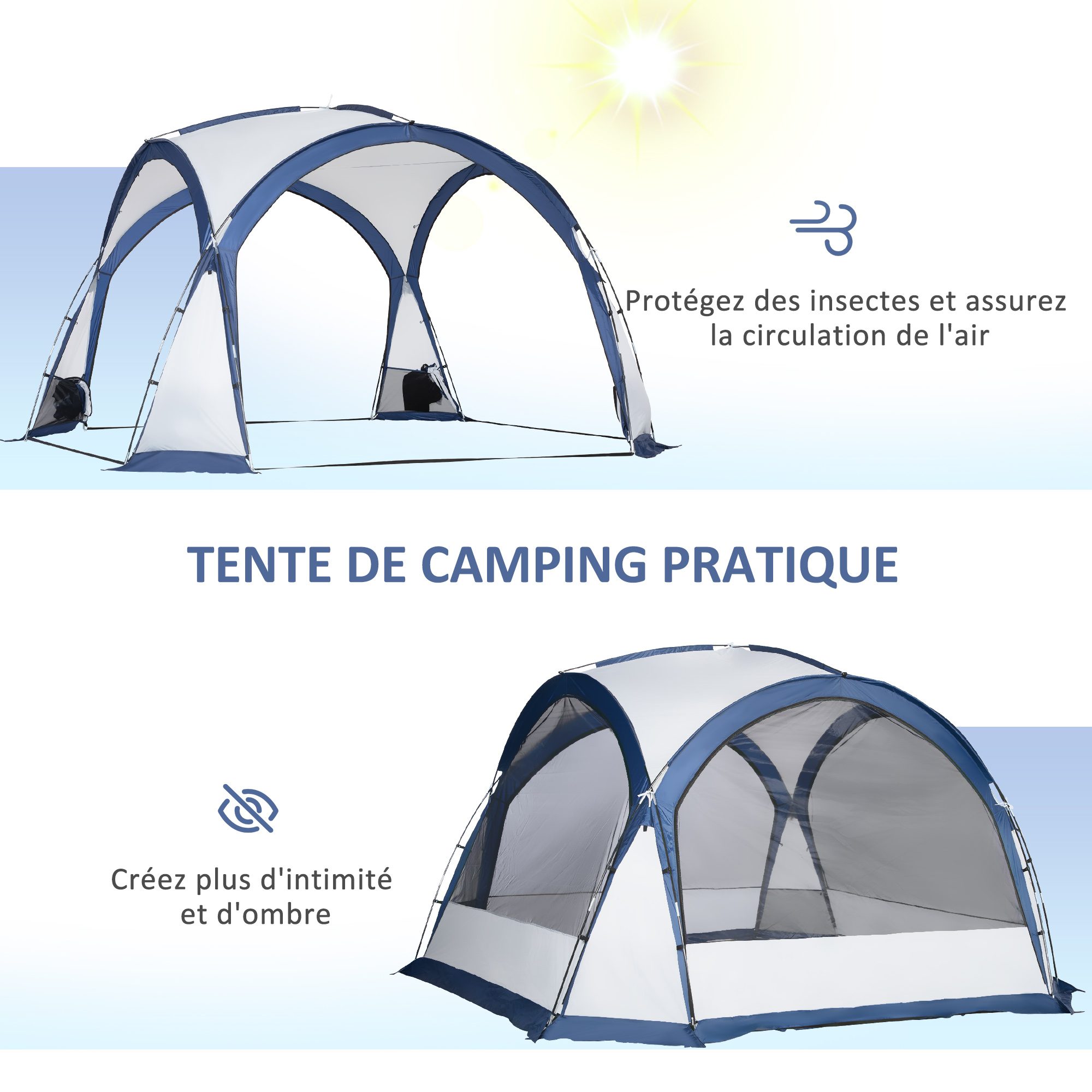 Tente De Camping Dôme Familiale 6-8 Personnes Outsunny - 350x350x230 Cm Blanc Gris