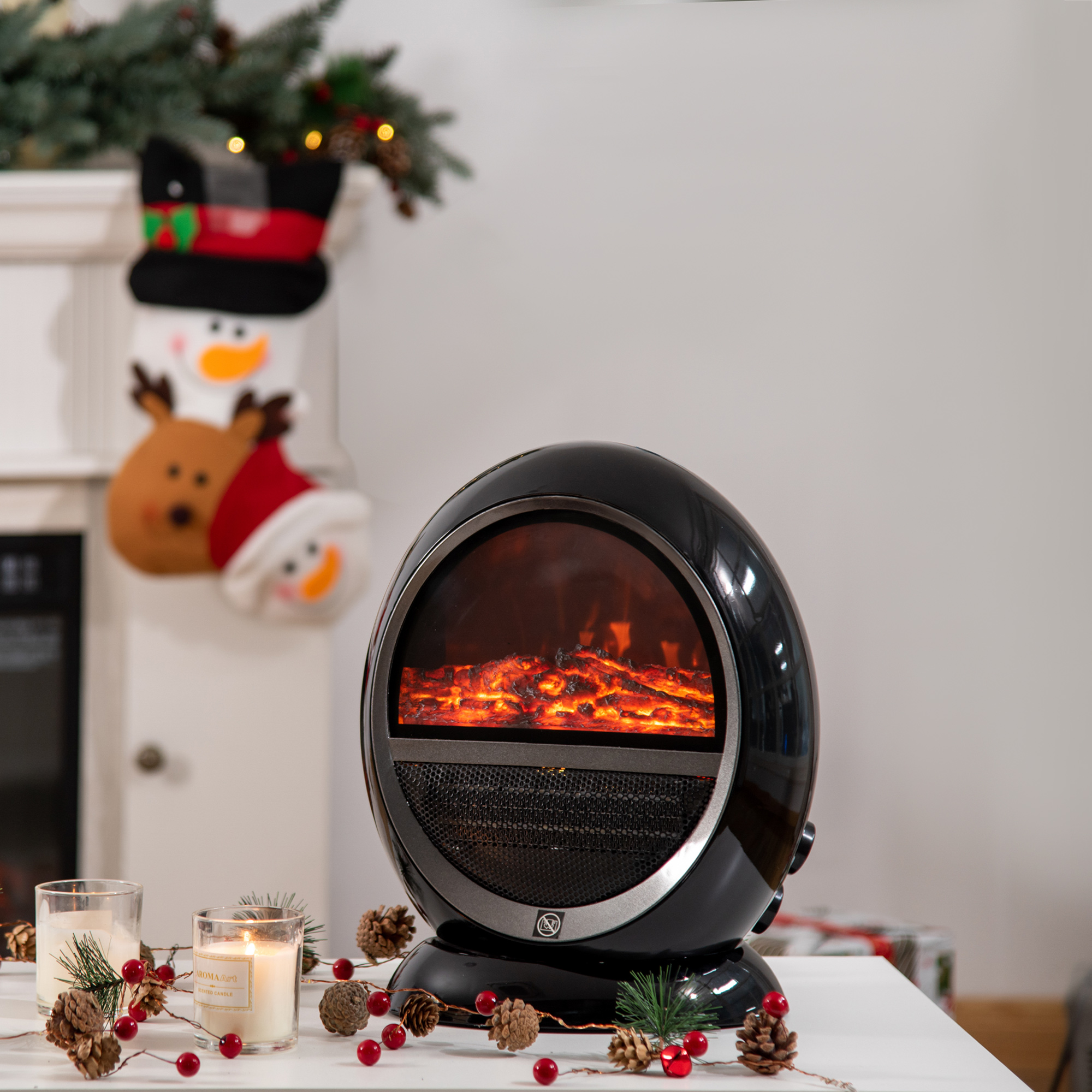 HOMCOM Freestanding Electric Fireplace Indoor Space Table Top Heater with Realistic Flame Effect, Rotatable Head, Overheating Protection, 1500W, Black 2