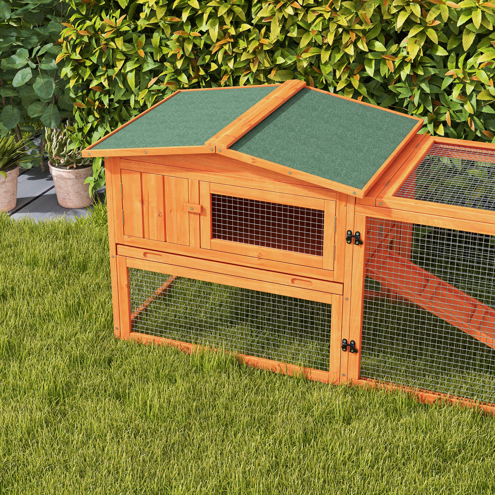 PawHut Rabbit Hutch with Run Wooden Guinea Pig Hutch Outdoor Bunny Cage Hide House with Sliding Tray, Hay Rack, Ramp, 156 x 58 x 68cm, Orange 9