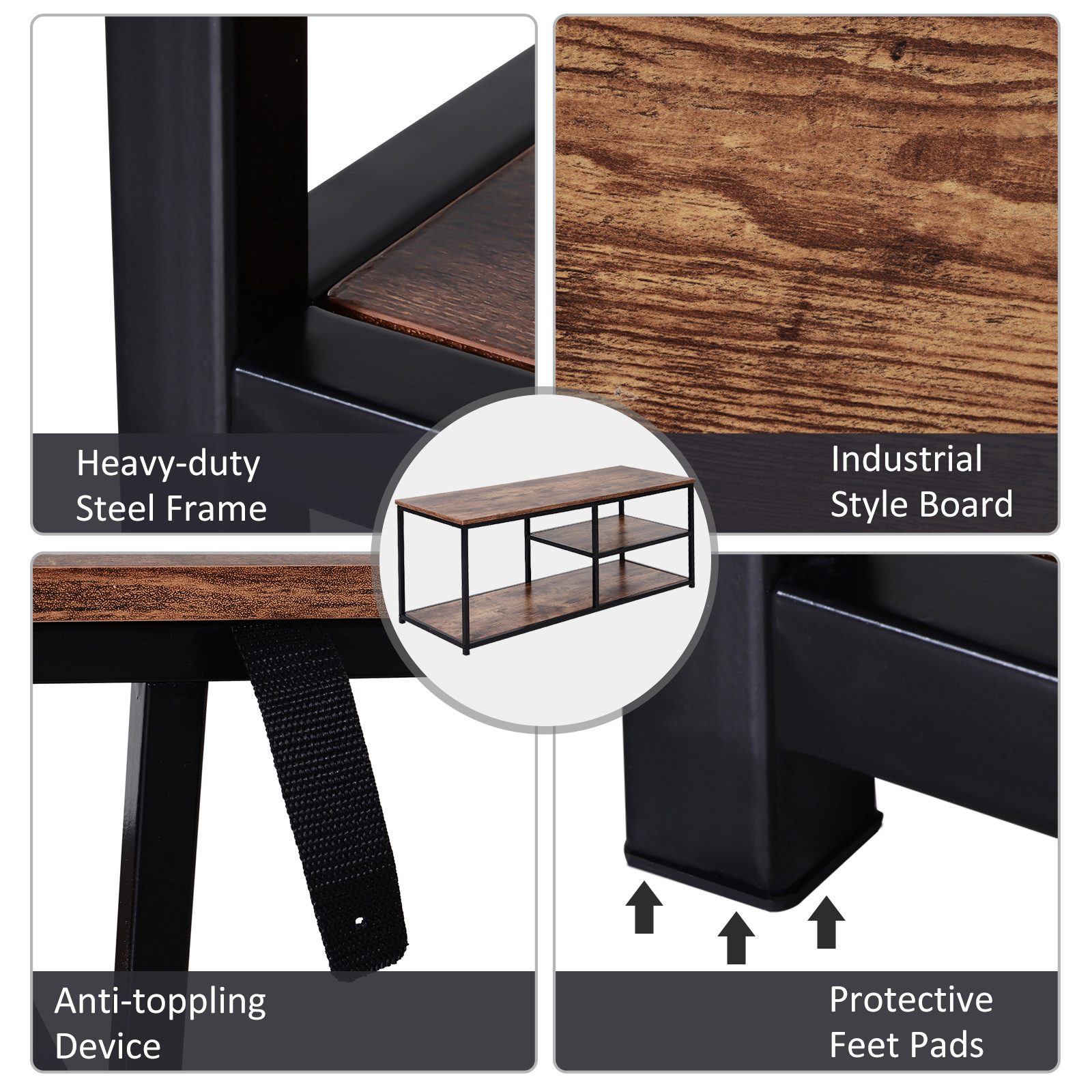 HOMCOM TV Unit for 55 inch TVs, Industrial TV Table with 2 Storage Shelves and Metal Frame, Entertainment Unit For living Room, Rustic Brown 6