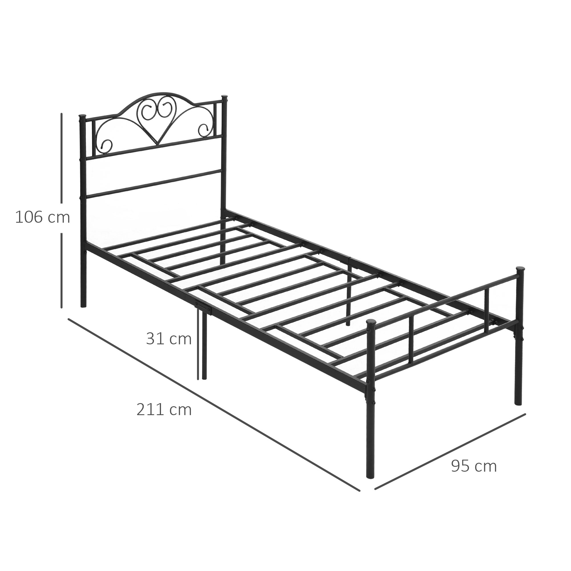 Letto Singolo In Acciaio HOMCOM 95x211 Cm, Con Doghe Integrate E Stile Industriale Nero - Capienza 300 Kg