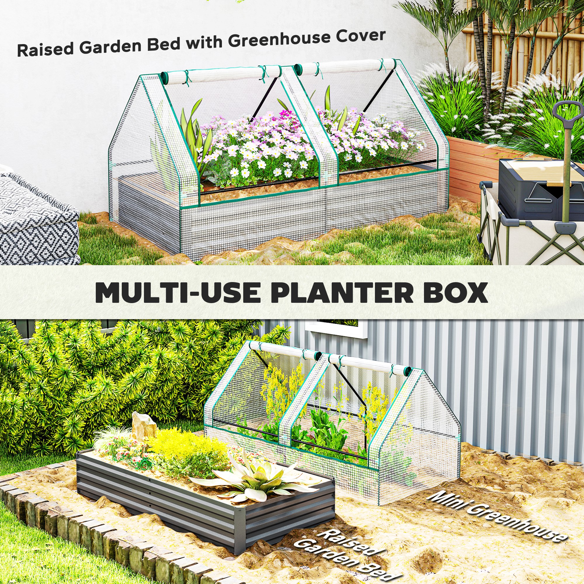 Outsunny Metal Planter Box with Cover, Raised Garden Bed with Greenhouse, for Herbs and Vegetables, White and Dark Grey 4