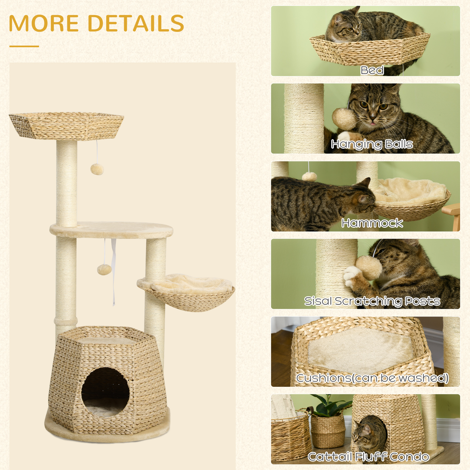 PawHut Cat Tree Activity Centre, with Cattail, Bed, Cat House, Sisal Post, Ball Natural Tone 5