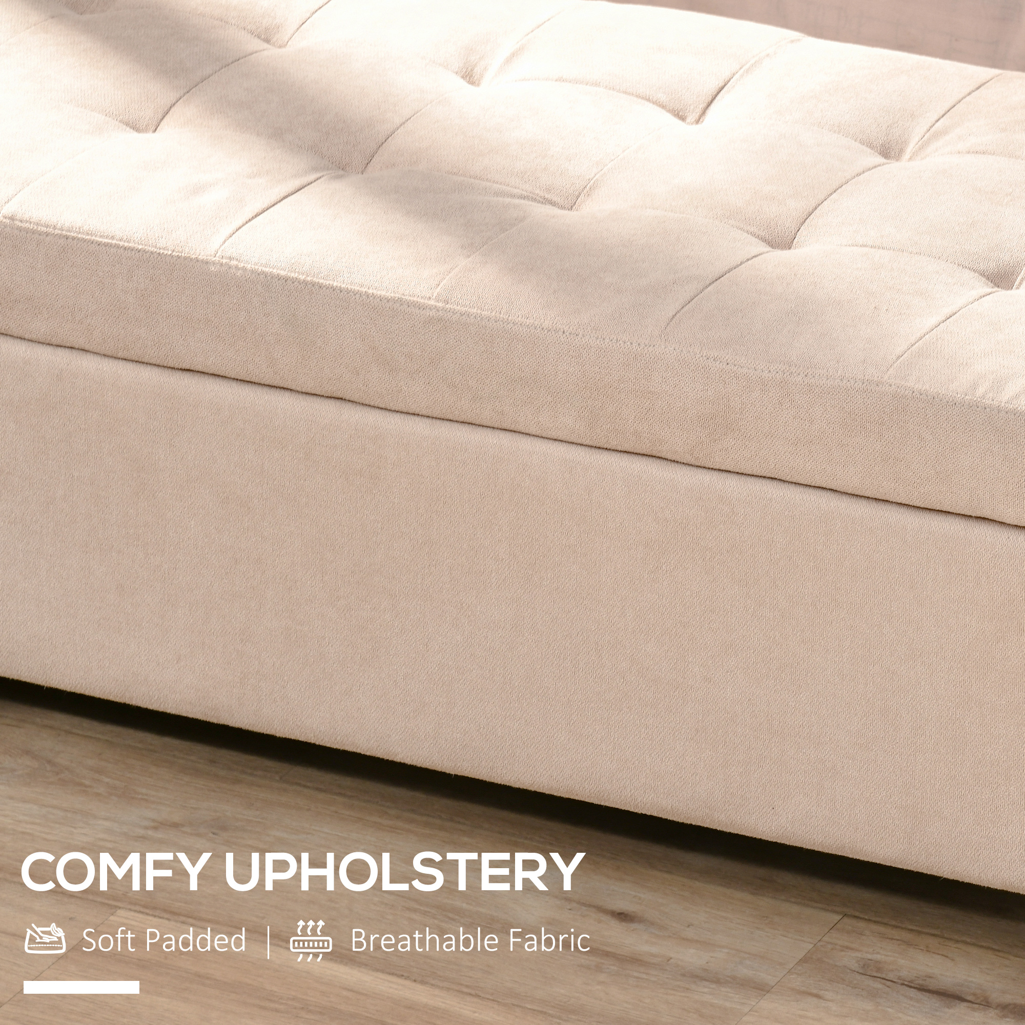 HOMCOM Linen Storage Ottoman, End of Bed Bench, Padded Footrest Seat with Tufting Design, Hinged Lid and Wood Frame 125L x 49W x 41.5H cm Beige 6