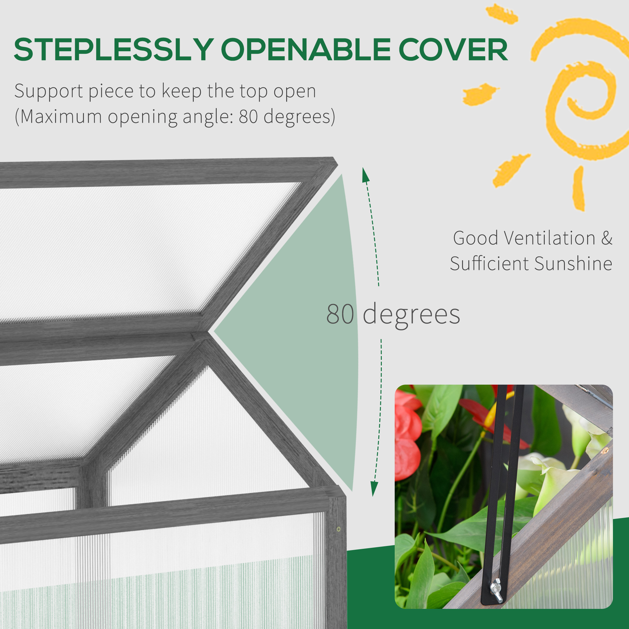 Outsunny Wooden Cold Frame Garden Polycarbonate Greenhouse with Openable Top Cover, Grow House for Flowers, Vegetables, Plants, 90 x 52 x 50cm, Grey 5