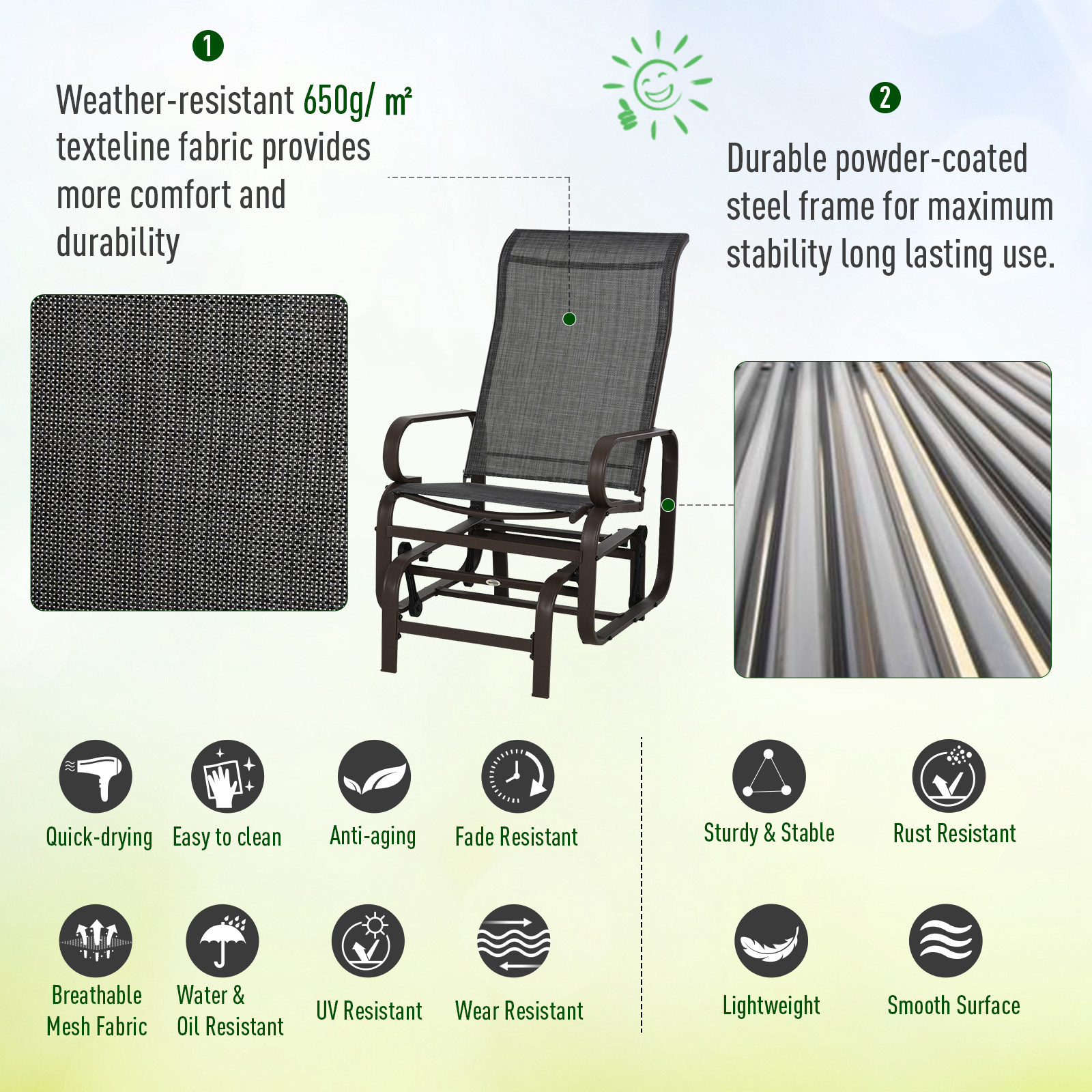 Outsunny 3 Pieces Garden Gliding Chair Set, Metal Frame 2 Single Armchair Swing Seater and 1 Glass Top Coffee Table w/ Breath Mesh Fabric Seat, Brown 4