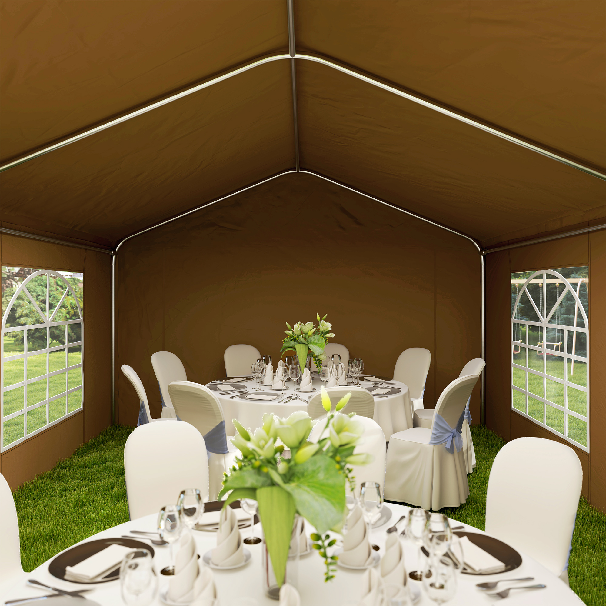 Outsunny 6m x 4m Marquee Party Tent Wedding Canopy, Pop Up Gazebo with Sidewalls, Doors, Windows, Galvanised Garden Gazebo for Parties Events, Yellow 9