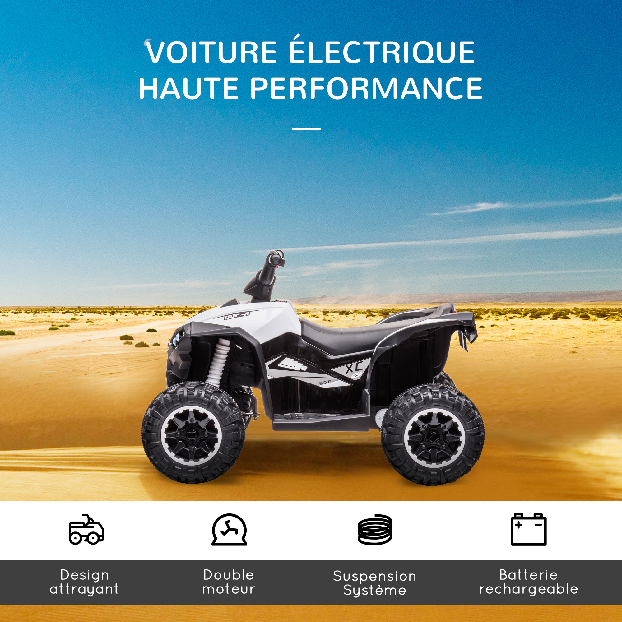 Voiture 4x4 Quad Buggy Électrique Enfant HOMCOM 18-36 Mois 6V 3km/h - Effets Lumineux Sonores Métal PP Blanc Noir