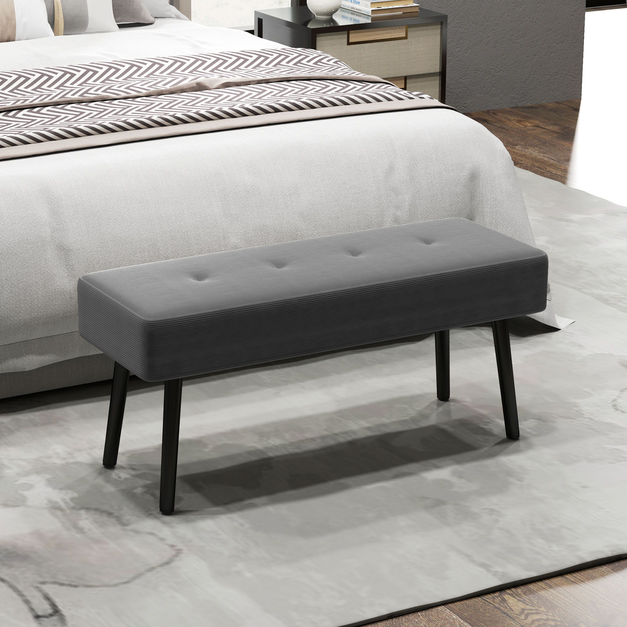 HOMCOM End of Bed Bench, Corduroy Bedroom Bench with Thick Padding and Steel Legs, Tufted Window Seat for Entryway, Living Room, Grey 2