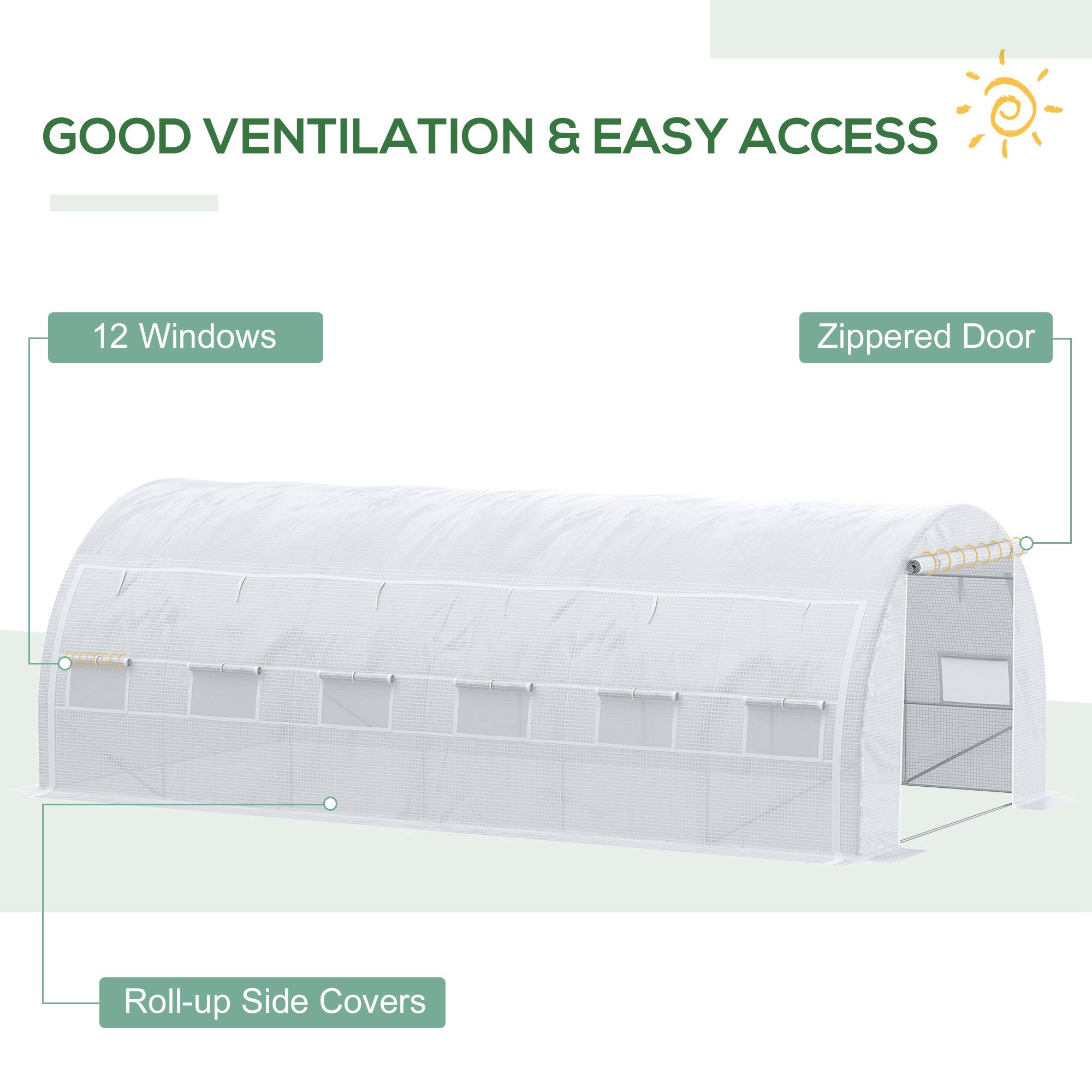 Outsunny 6 x 3 x 2 m Polytunnel Greenhouse with Roll-up Side Walls, Walk-in Grow House Tent with Steel Frame, Reinforced Cover, Zipped Door and 12 Mesh Windows for Garden, White 5