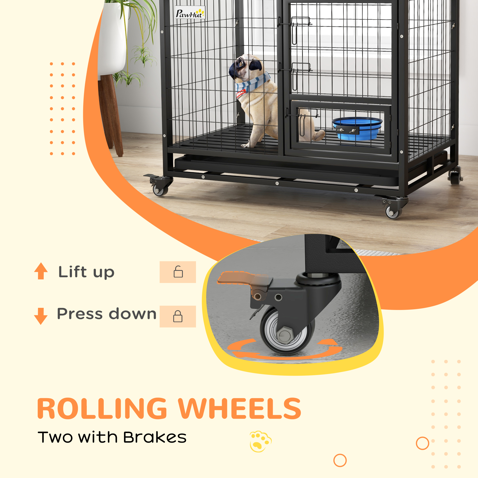 PawHut Heavy Duty Dog Crate on Wheels w/ Bowl Holder, Removable Tray, Openable Top, Detachable Door, for M, L Dogs 9