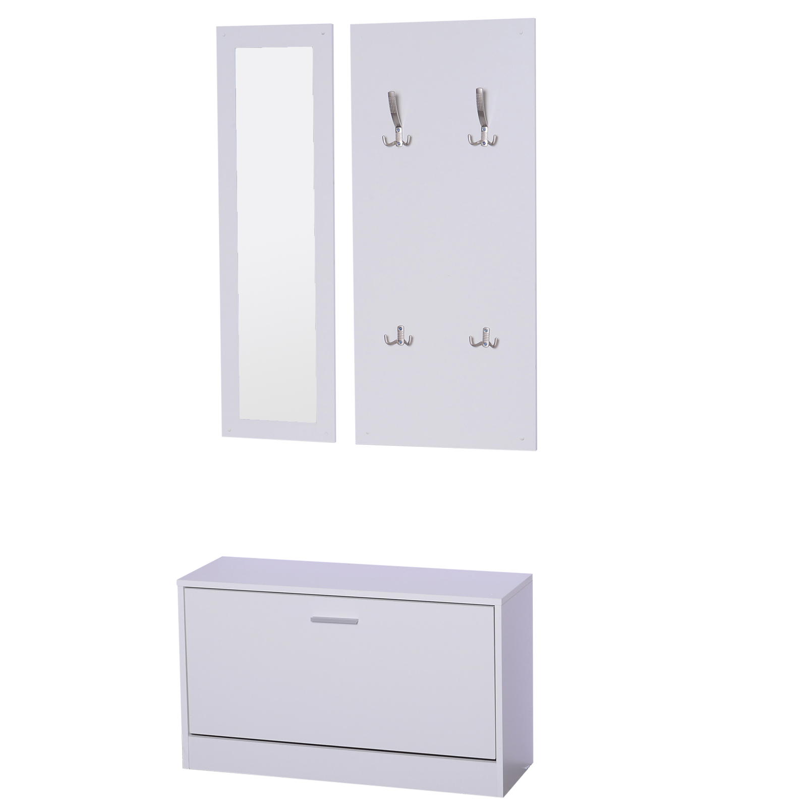 HOMCOM Ensemble de Meubles d'Entrée Vestiaire 3 en 1 Multifonction Meuble Chaussures Miroir et Panneau Porte-Manteau Blanc
