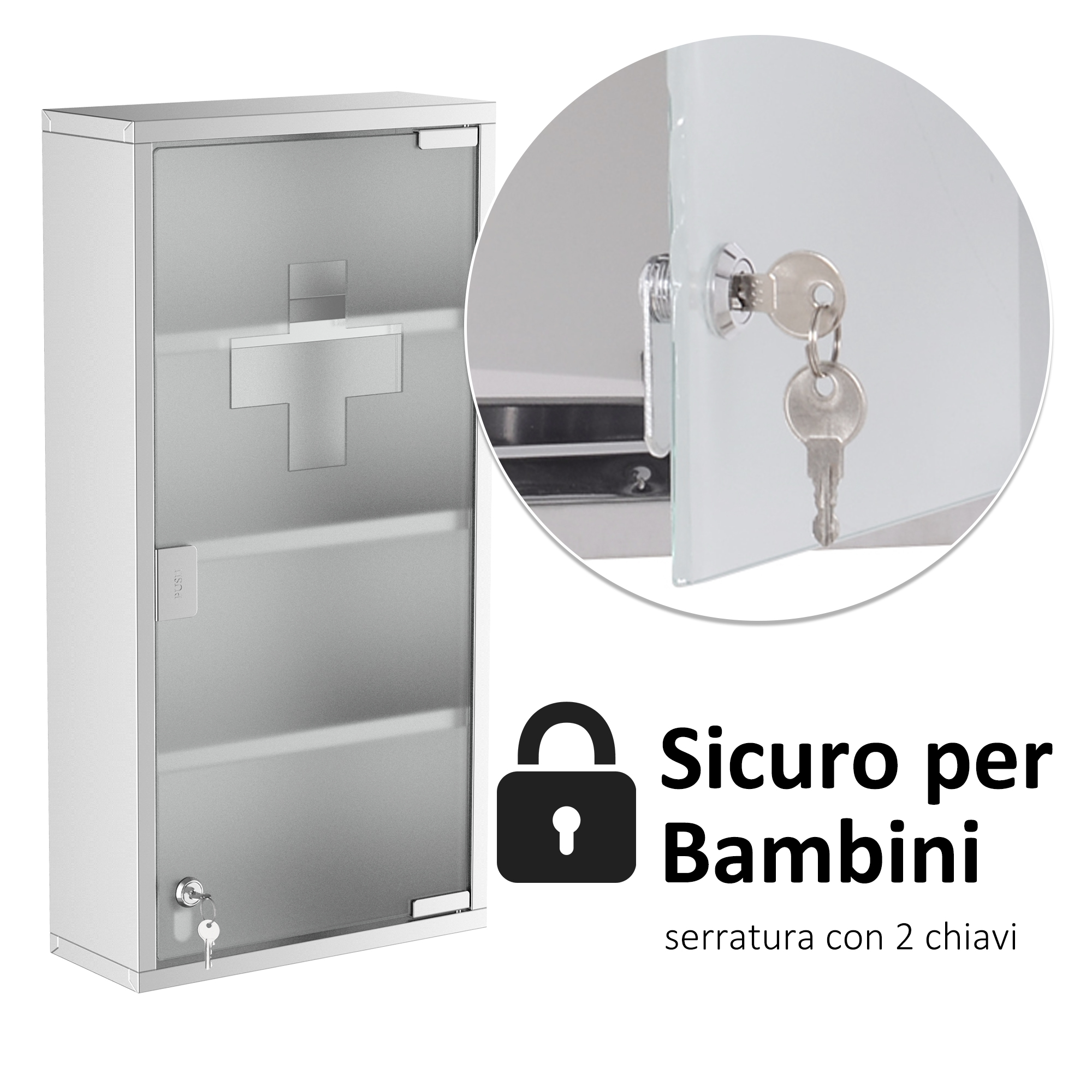 Armadietto Portamedicinale Con Serratura A Muro In Acciaio – 3 Ripiani, Anta In Vetro Smerigliato, Chiusura Magnetica E A Prova Di Bambino
