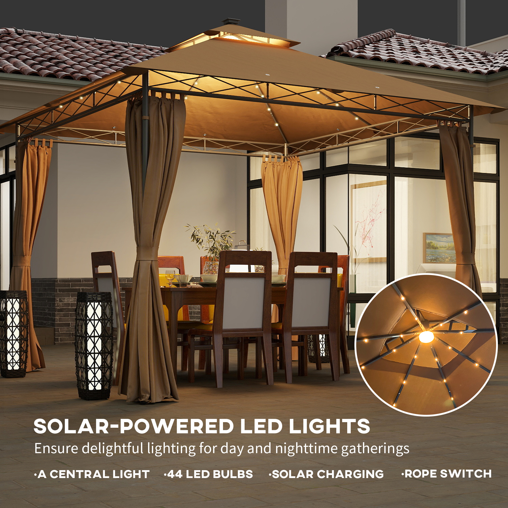 Outsunny 3 x 3 m Solar LED Metal Gazebo Brown 4