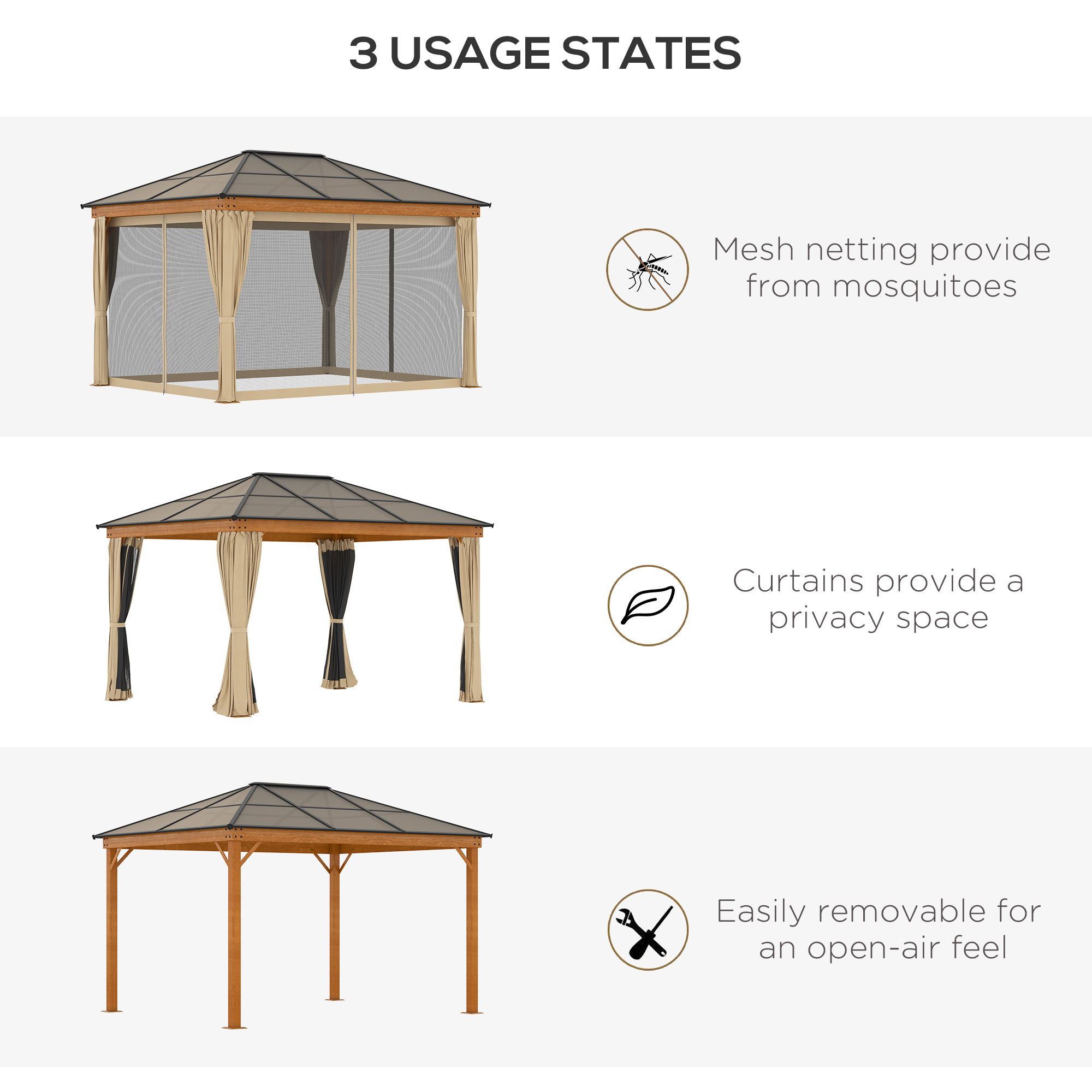 Outsunny 3 x 3.6 m Hardtop Gazebo Canopy, Polycarbonate Roof Garden Pavilion with Aluminium and Steel Frame, Nettings and Sidewalls for Garden, Patio, Khaki 7
