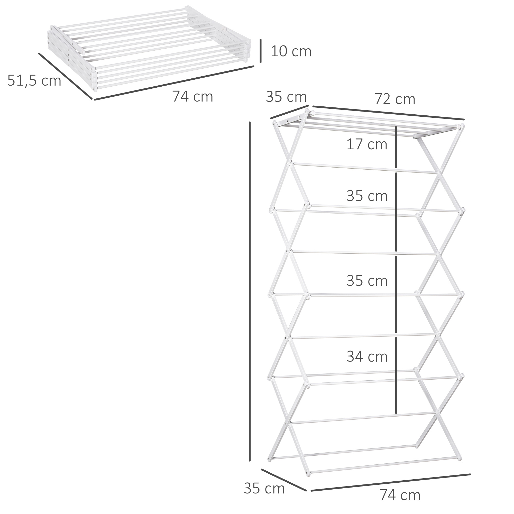 Kokkupandav 8-astmeline pesukuivati, tornkuivati, metallist ja plastmassist kuivatusrest, valge, 74 x 35 x 144 cm