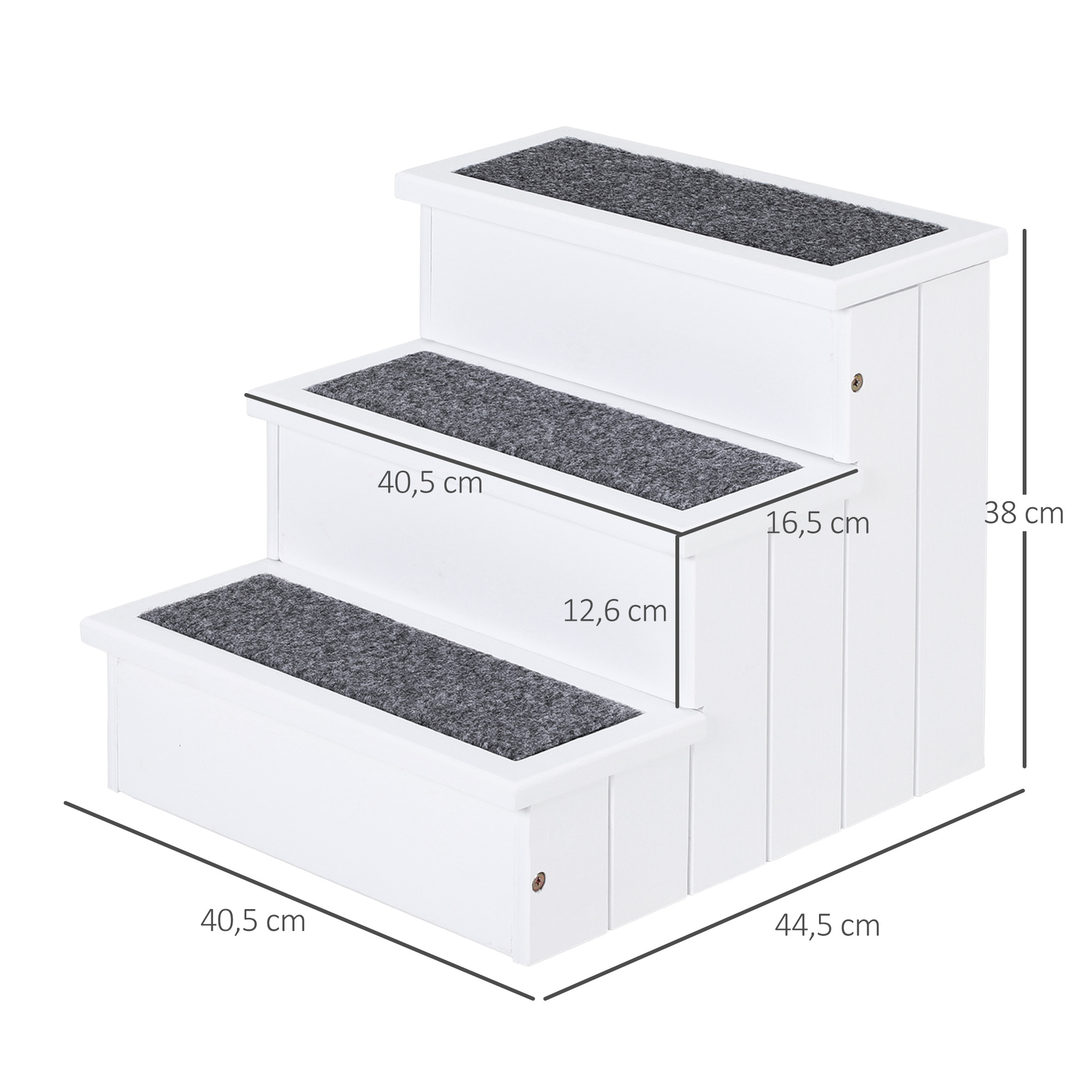 Koeratrepp, 3 astet, kassitrepp, lemmikloomatrepp, koeratrepp koertele ja kassidele, lemmikloomatrepp, abivahend sisenemiseks vaibaga, hoiuruum diivanile/voodile, kuusepuit, valge, 40,5 x 44,5 x 38 cm