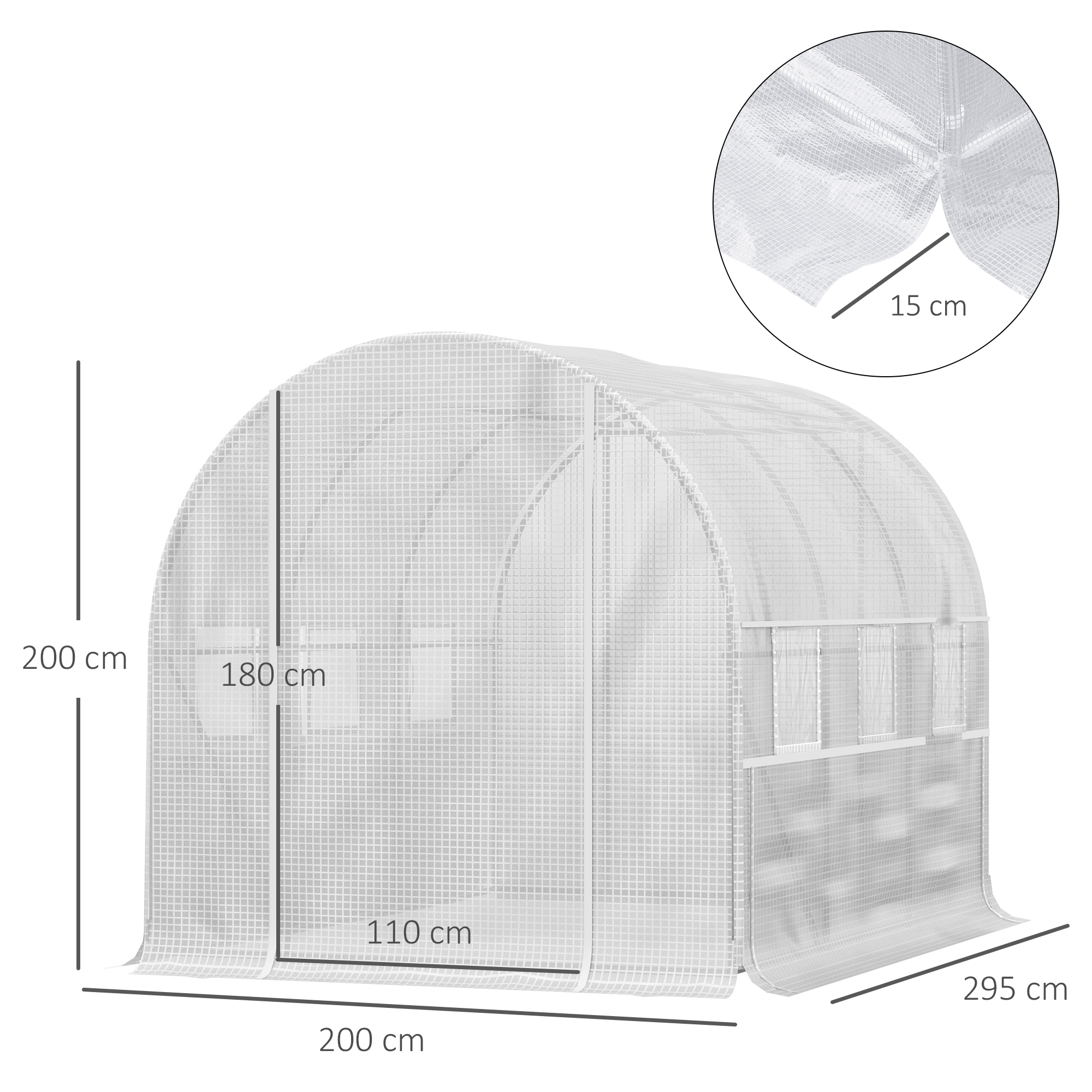 Fooliumkasvuhoone, 6 rulluvat akent, lukuga uks, roostevabast terasest raam, 2,95 x 2 x 2 m, valge