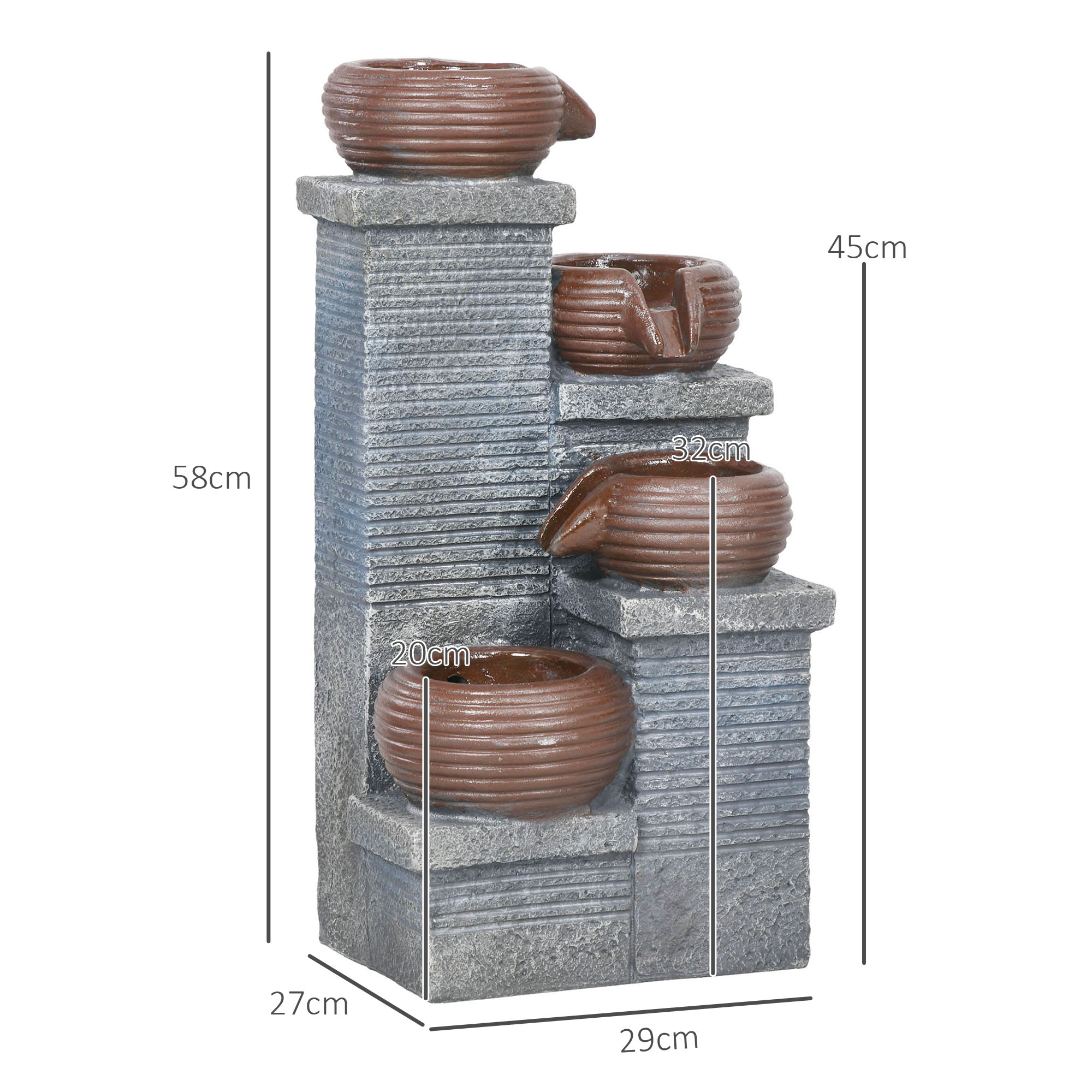 Outsunny Solar Powered Garden Water Feature with LED Lights and Pump, 4 Tier Cascading Water Fountain for Indoor/Outdoor, Bowls Waterfall Ornament, 58cm Height 3