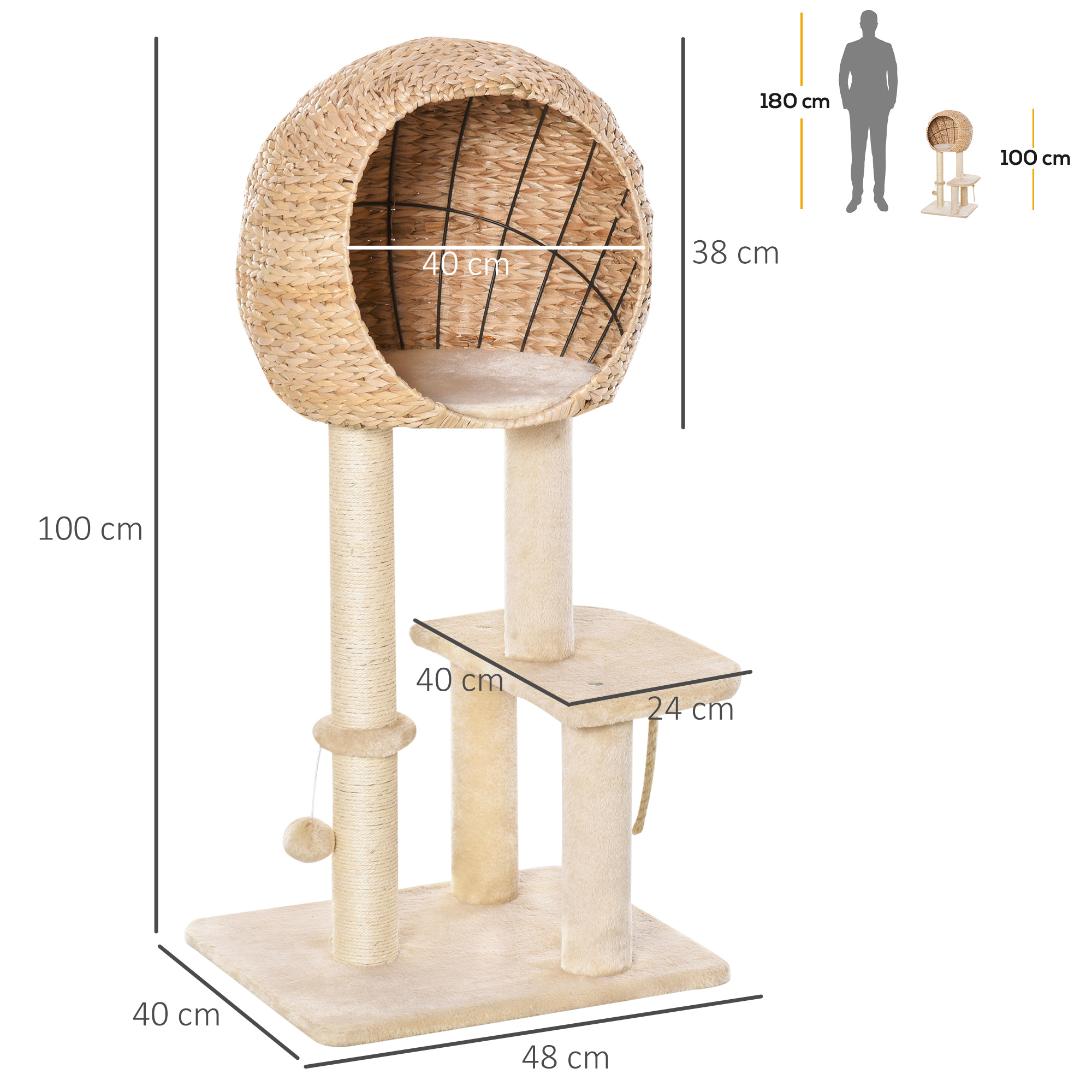PawHut Cat Tree for Indoor Cats 100cm Kitten Climbing Tower Activity Center with Sisal Scratching Post Condo Perch Hanging Balls Teasing Rope Toy Cushion 3