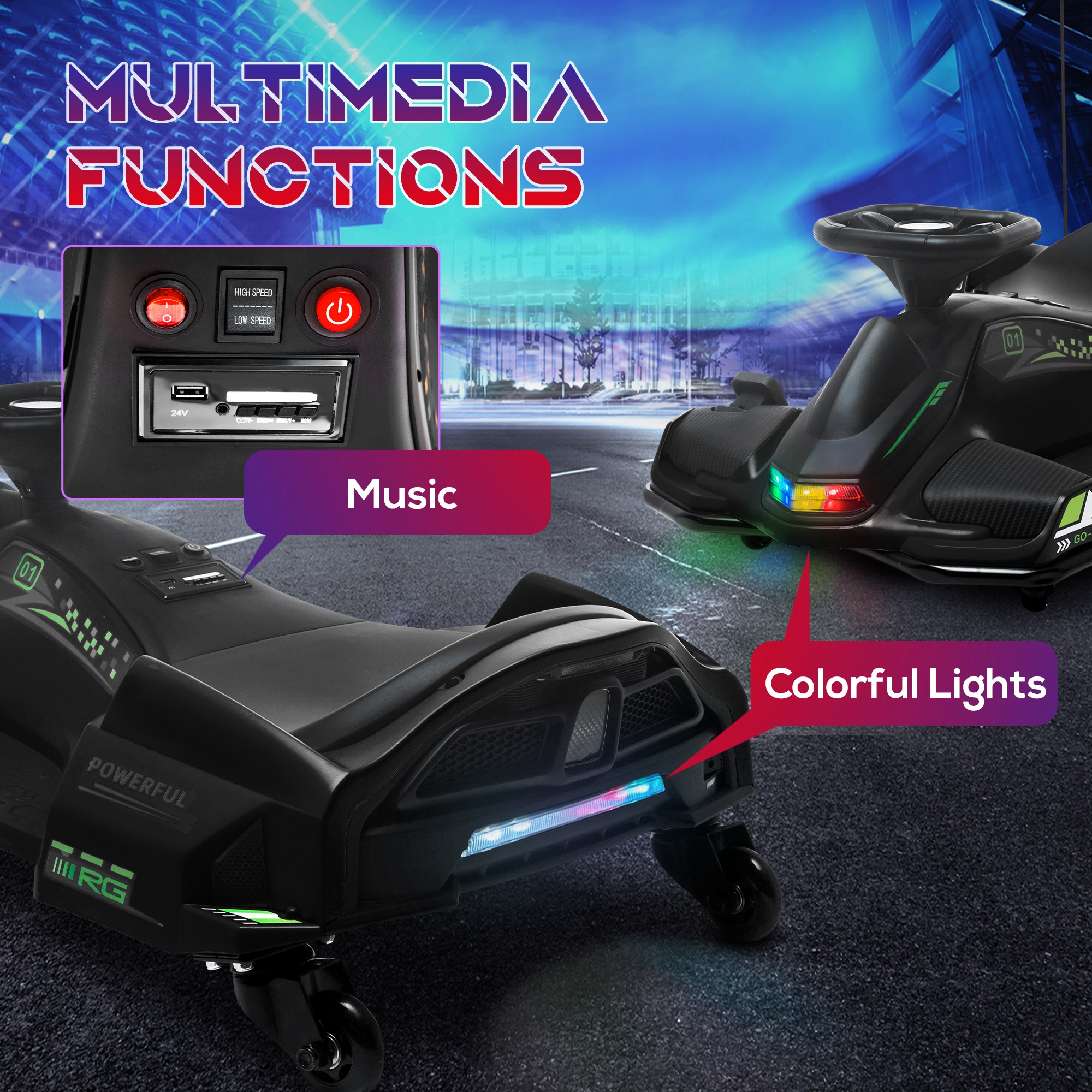 HOMCOM 12V Kids Electric Go Kart with Music, LED Lights, Slow Start, Black 5