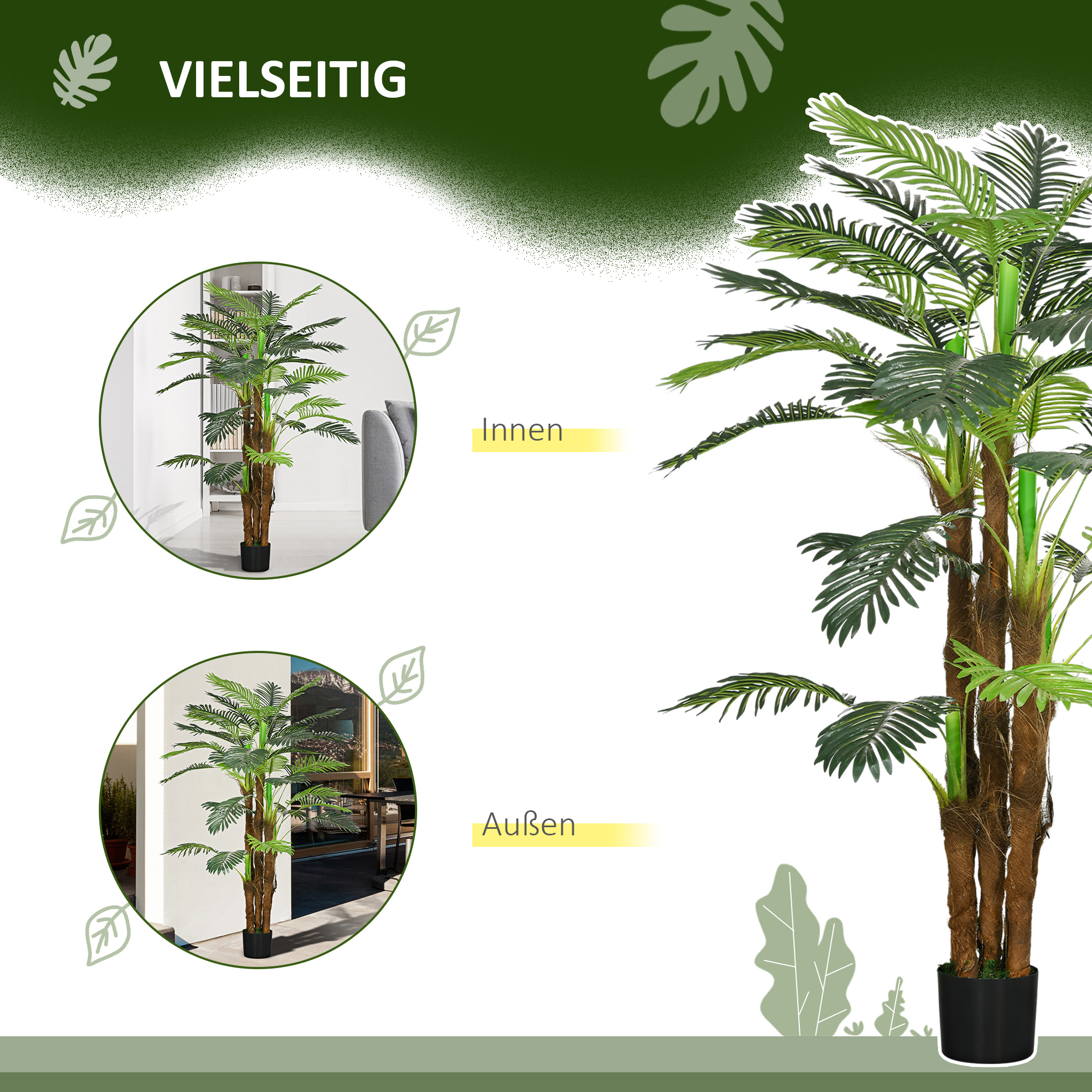 Kunstpalm, 1,6 m, realistlikud oksad, dekoratiivtaim, plastik, potiga, pruun+roheline