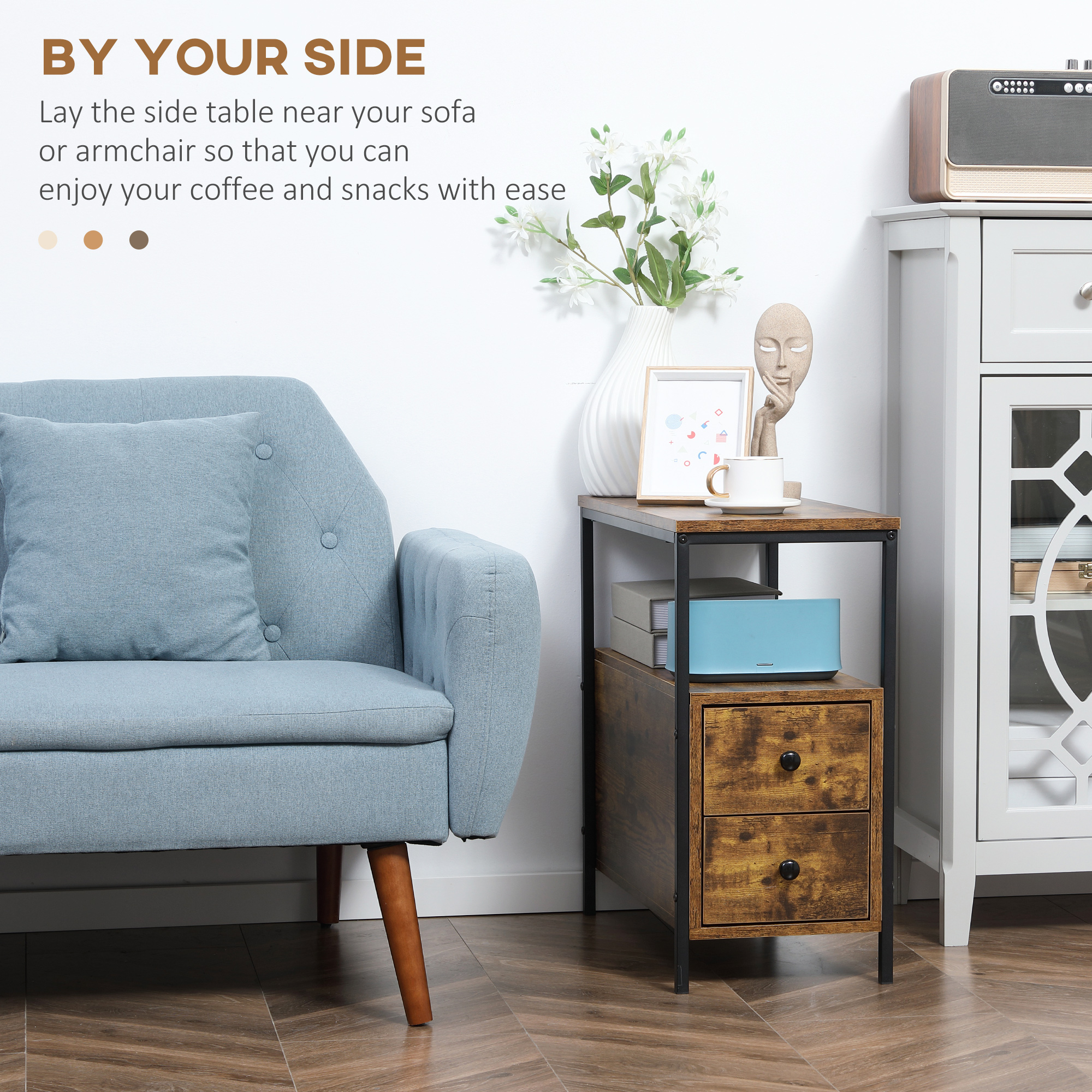 HOMCOM Side Table, Narrow Bedside Table with 2 Drawers and Storage Shelf, Industrial End Table with Metal Frame for Small Spaces, Rustic Brown 4