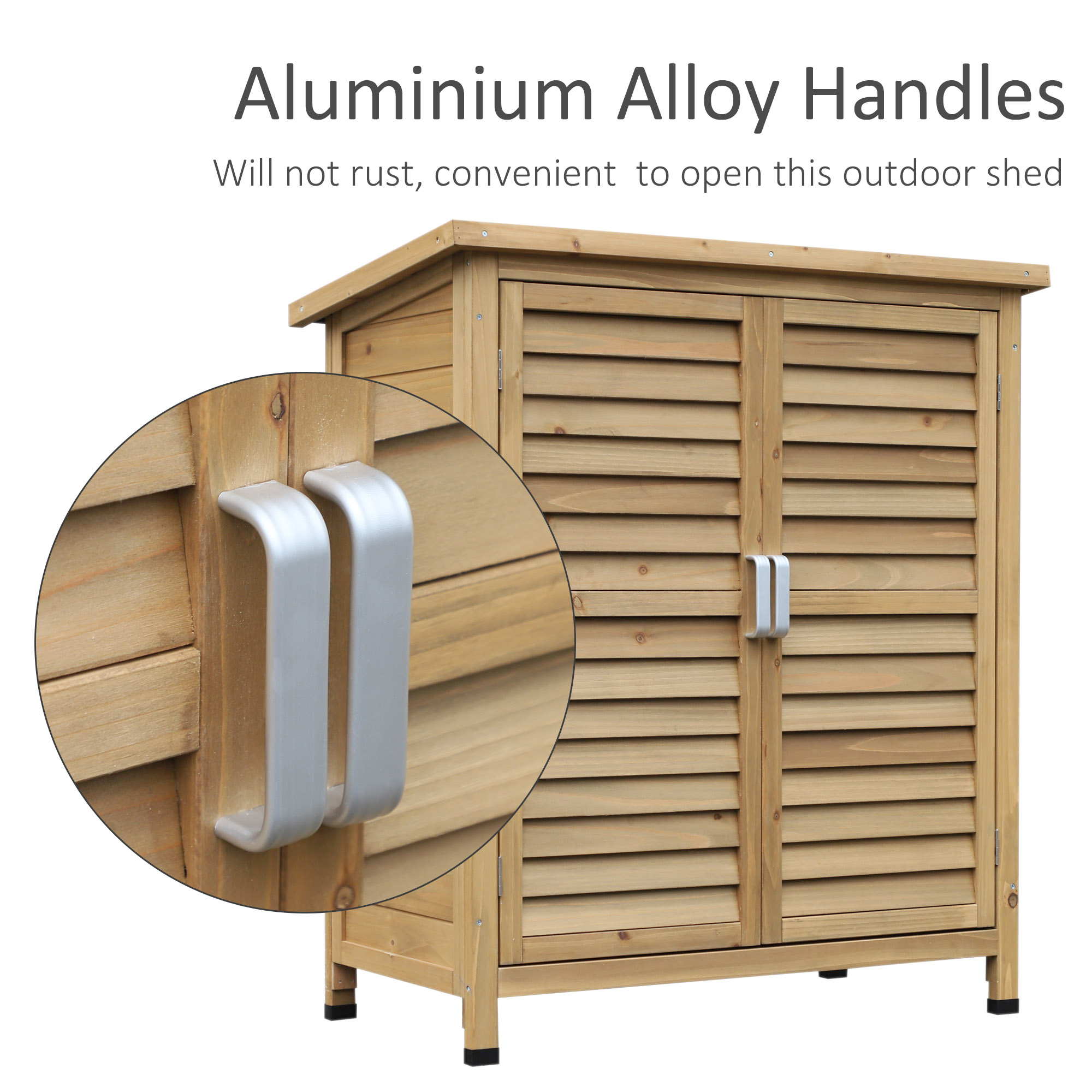 Outsunny Garden Shed Wooden Garden Storage Shed 2 Door Unit Solid Fir Wood Garage Tool Organisation Cabinet, 87L x 46.5W x 96.5Hcm, Natural 7