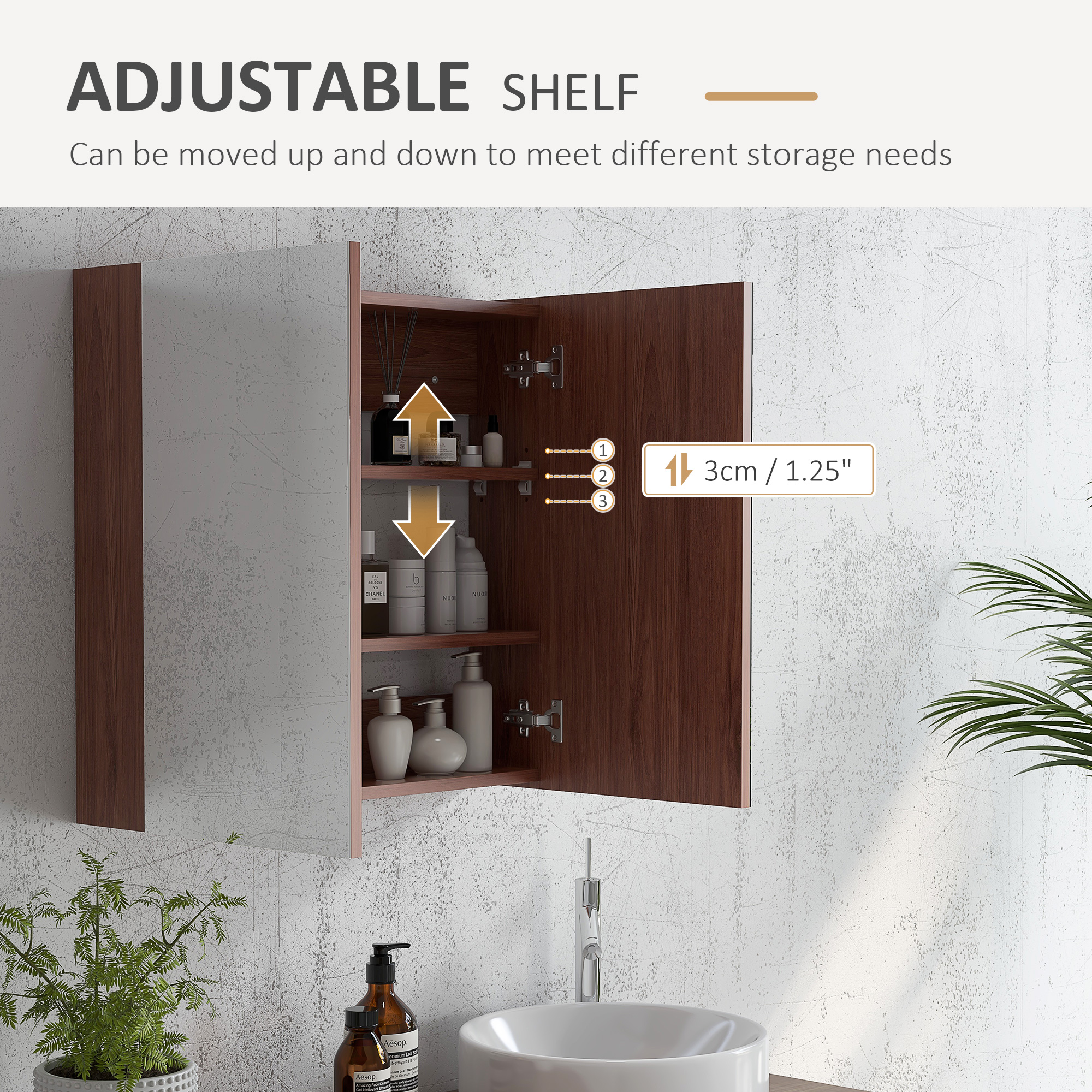 kleankin Double Door Bathroom Mirror Cabinet, Wall Mounted Bathroom Storage Cabinet, Soft Closing, 63L x 60Hcm 5