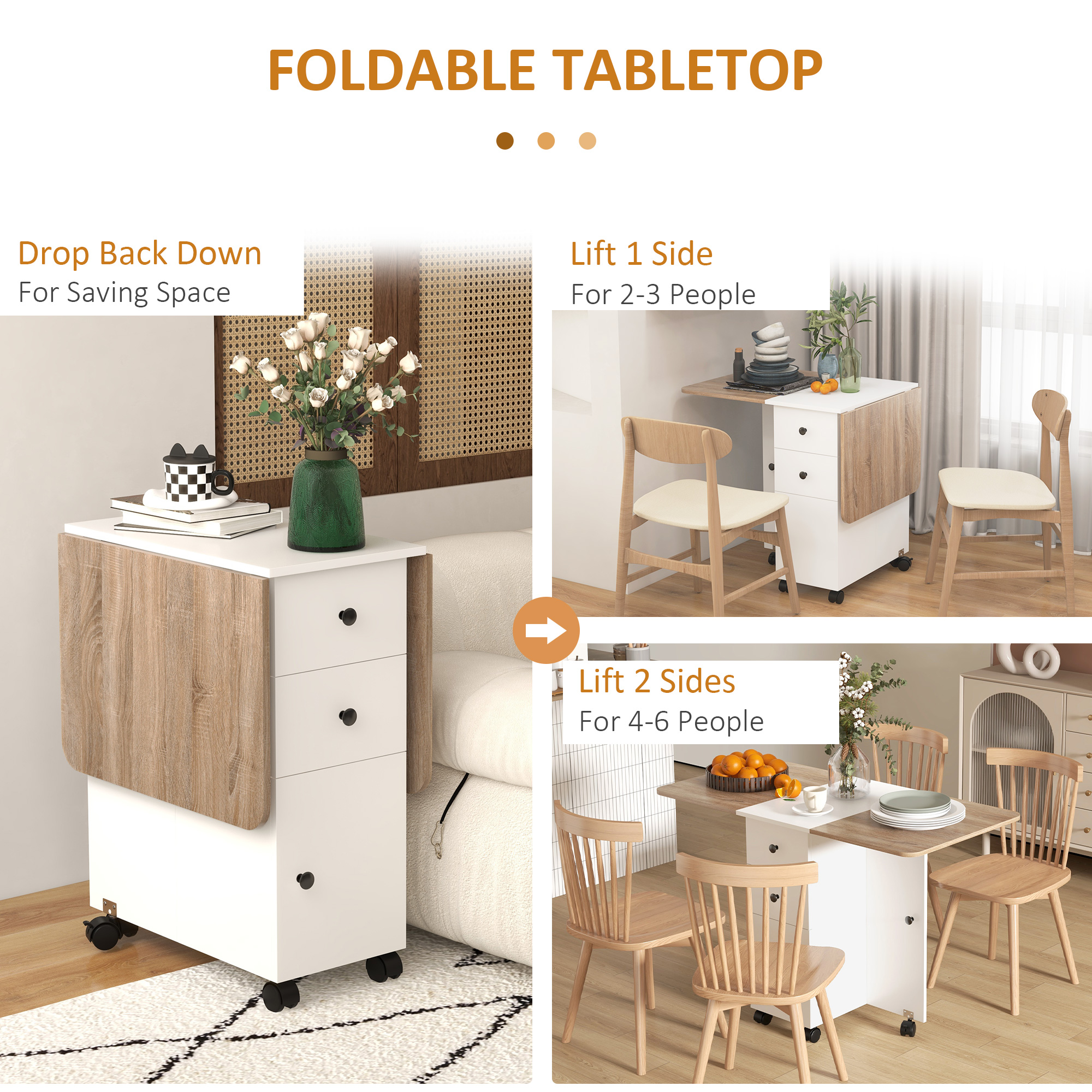 HOMCOM Multi-Storage Six-Person Drop Leaf Dining Table Oak and White 5
