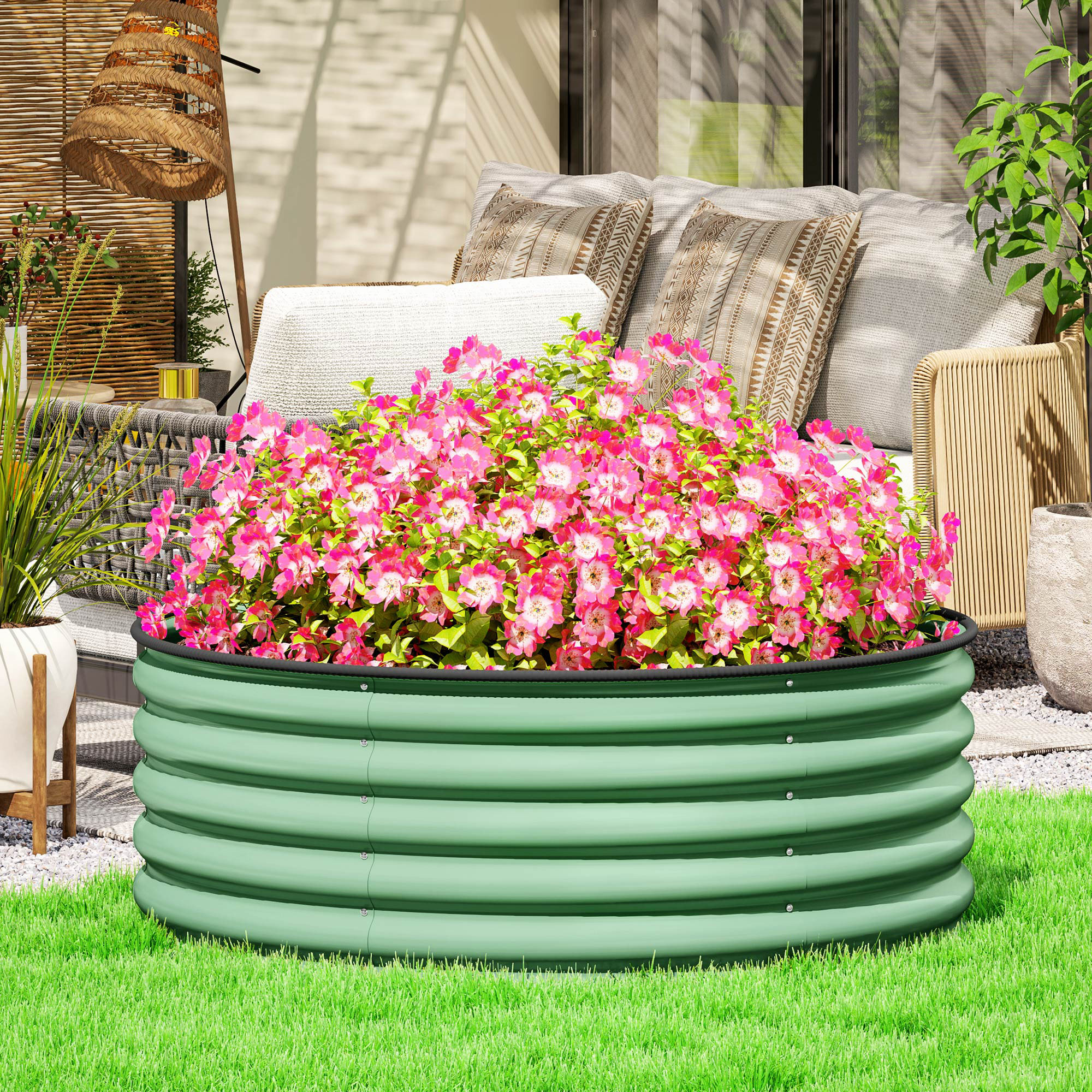 Outsunny Galvanised Raised Garden Bed with Safety Edging, Outdoor Raised Planter Box with Gloves, 120 x 120 x 43cm, Light Green 2
