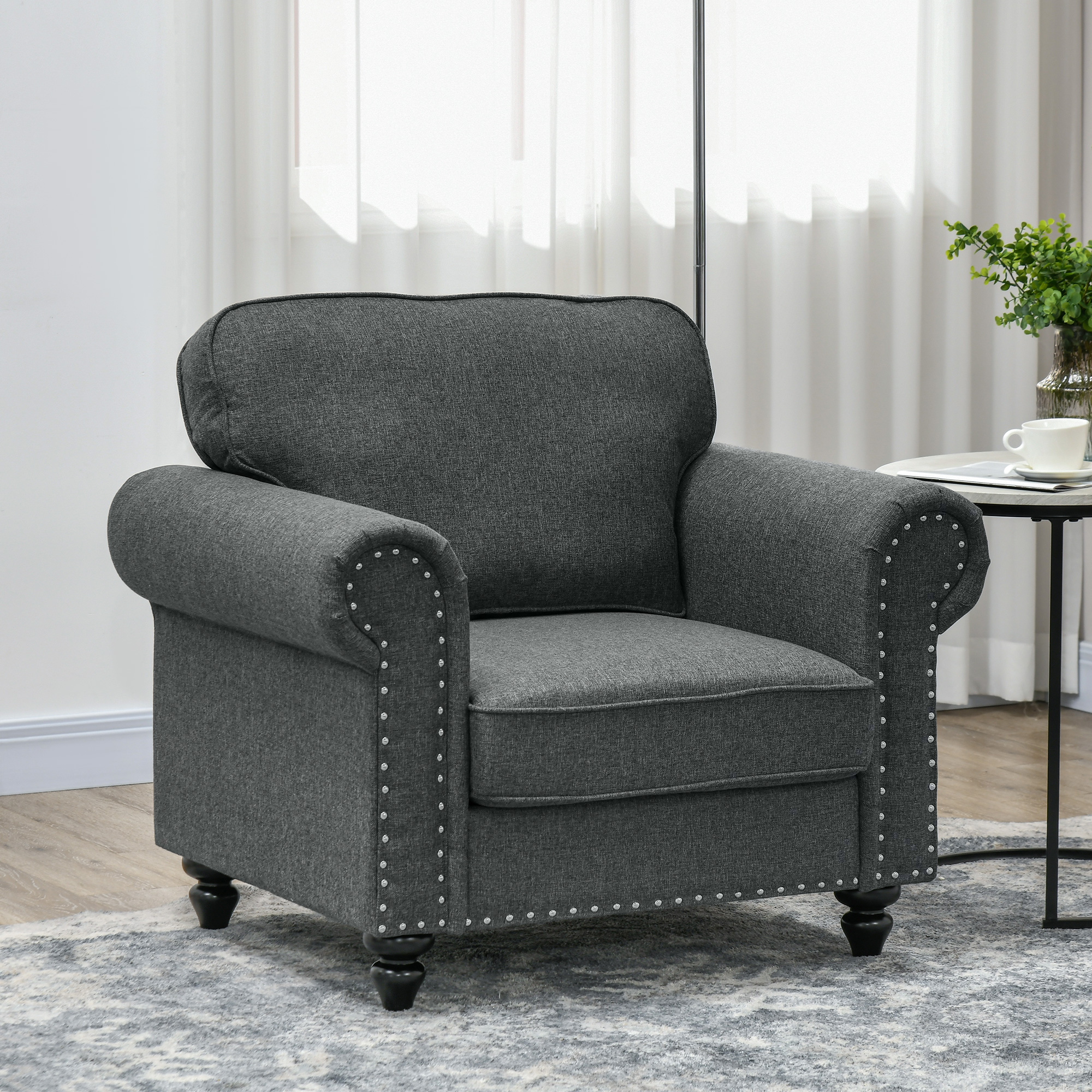 HOMCOM Mid-Century Armchair, with Pocket Springs Charcoal Grey 2