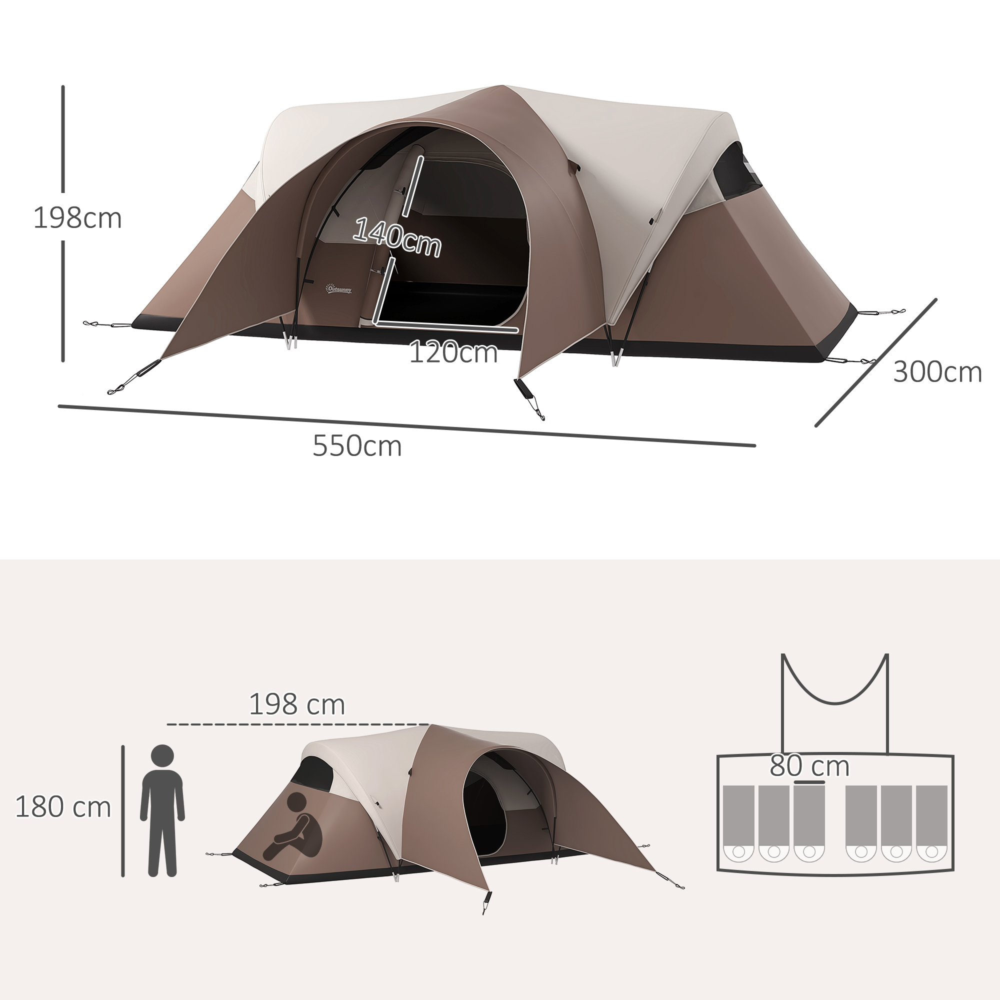 Tente De Camping Outsunny 5-6 Personnes - 550x300x198 Cm - Imperméable 3000mm - Sac Inclus