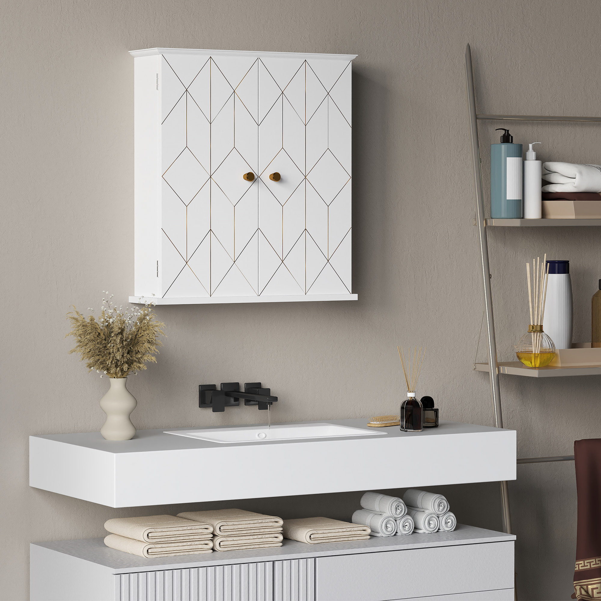 HOMCOM Bathroom Cabinet Wall Mounted, Bathroom Wall Cabinet Medicine Cabinet with 2 Doors, Adjustable Shelf, White 8