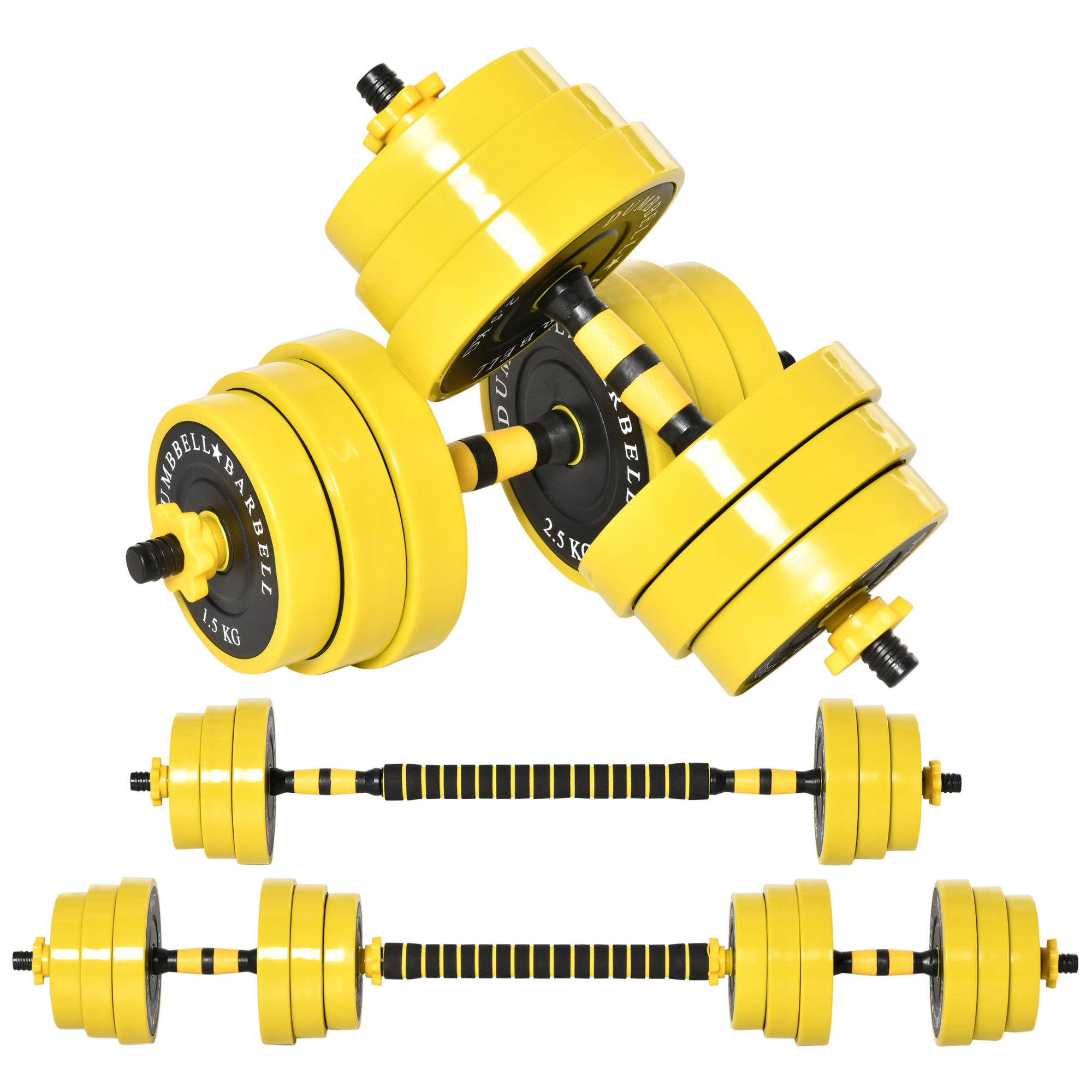 HOMCOM 25 kg Hantelset 3-in-1 einstellbar ergonomisch mit 12 Platten 2 kurzen Stöcken und 1 langem Stock in Gelb Schwarz für Fitness Aosom.de