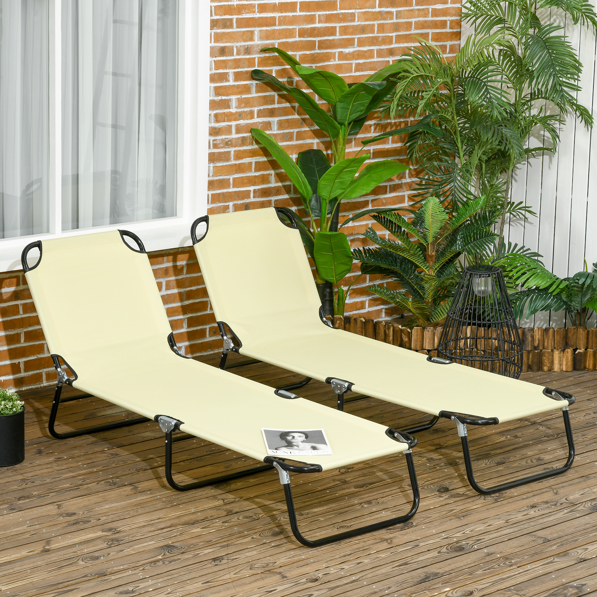 Outsunny Set of Two Metal Frame Folding Sun Loungers Beige 2
