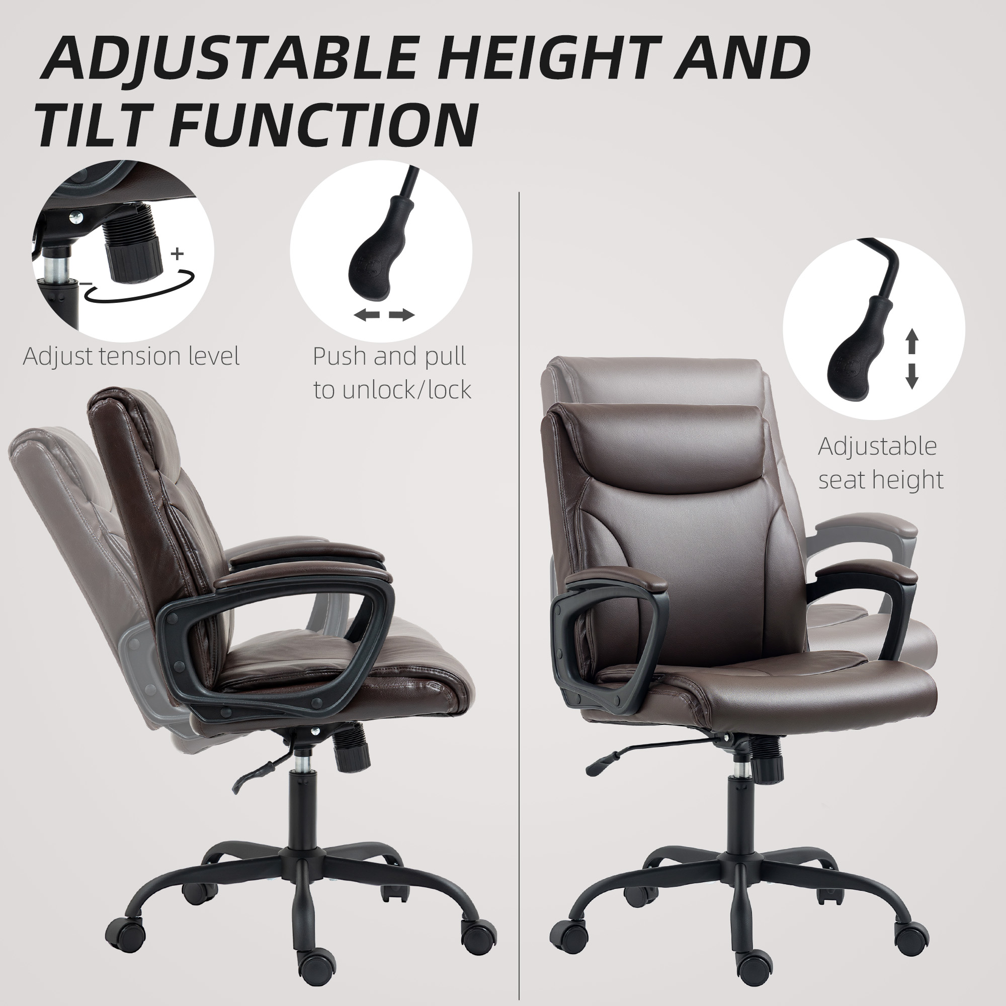 HOMCOM Executive Office Chair, Faux Leather Desk Chair with Height Adjustable, Swivel Wheels and Tilt Function, Computer Chair for Home Office and Study Room, Brown 5