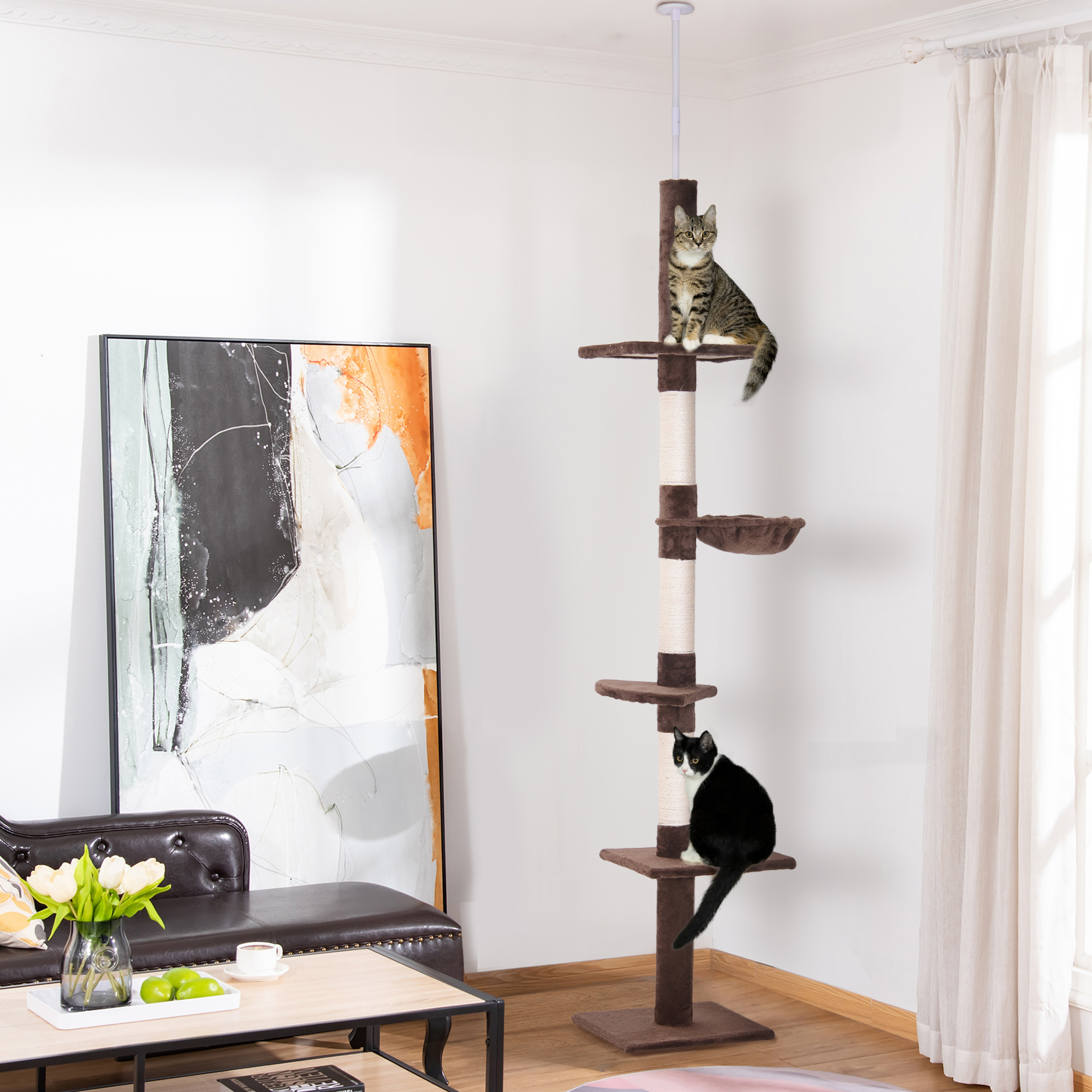 PawHut Floor to Ceiling Cat Tree Height Adjustable 230-260cm, 5-Tier Cat Tower with Scratching Post, Hammock, Perches, Climbing Activity Centre for Indoor Kittens, Brown 2