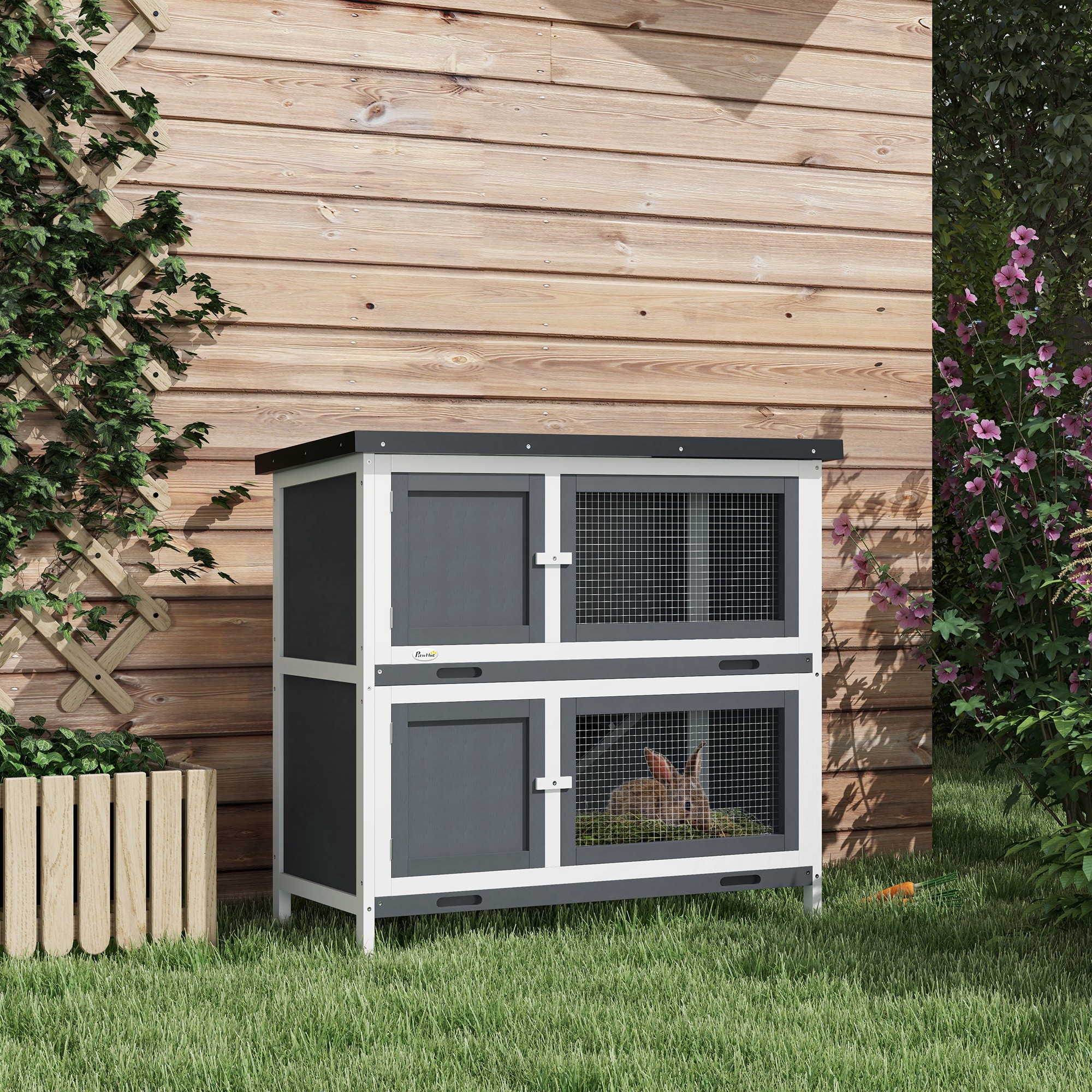 PawHut Double Decker Rabbit Hutch 2 Tier Guinea Pig House Pet Cage Outdoor with Sliding-out Tray, 100 x 47 x 91cm, Grey 2